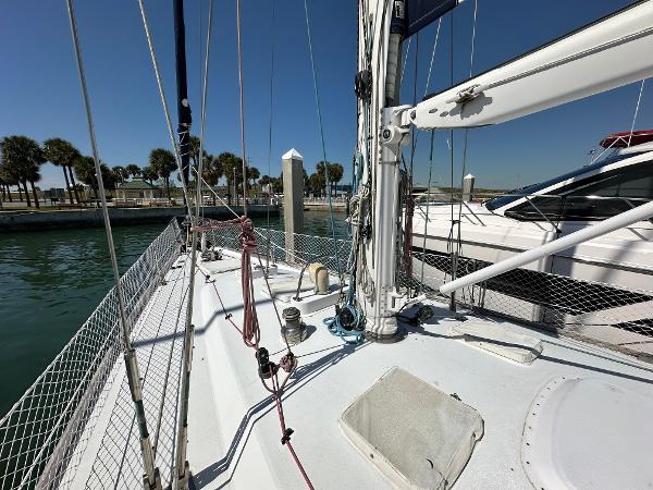 Deck of 1989 Concordia 52 sailboat docked at marina.