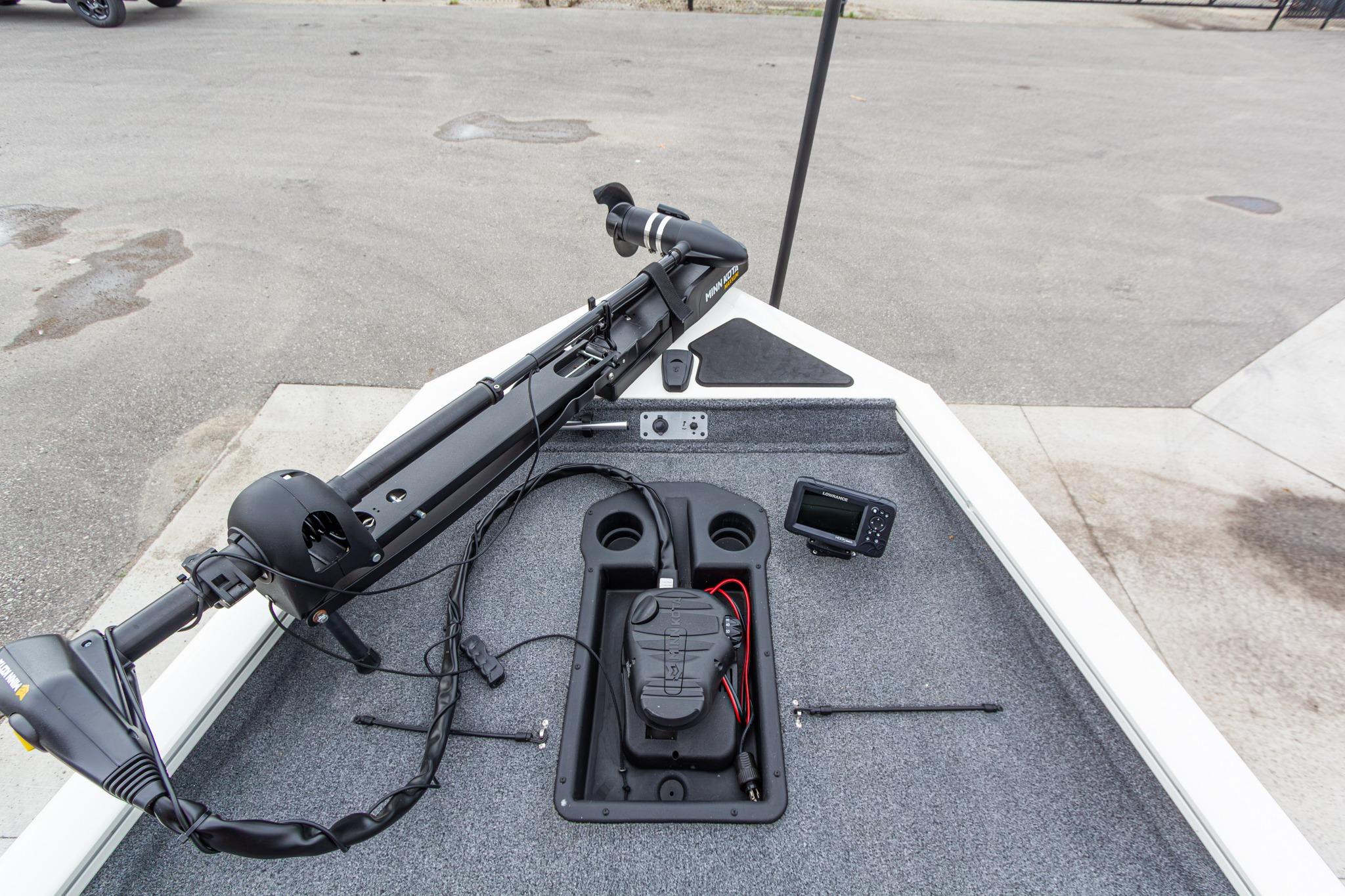 2023 Tracker Pro Team 190 TX boat deck with trolling motor and fish finder.