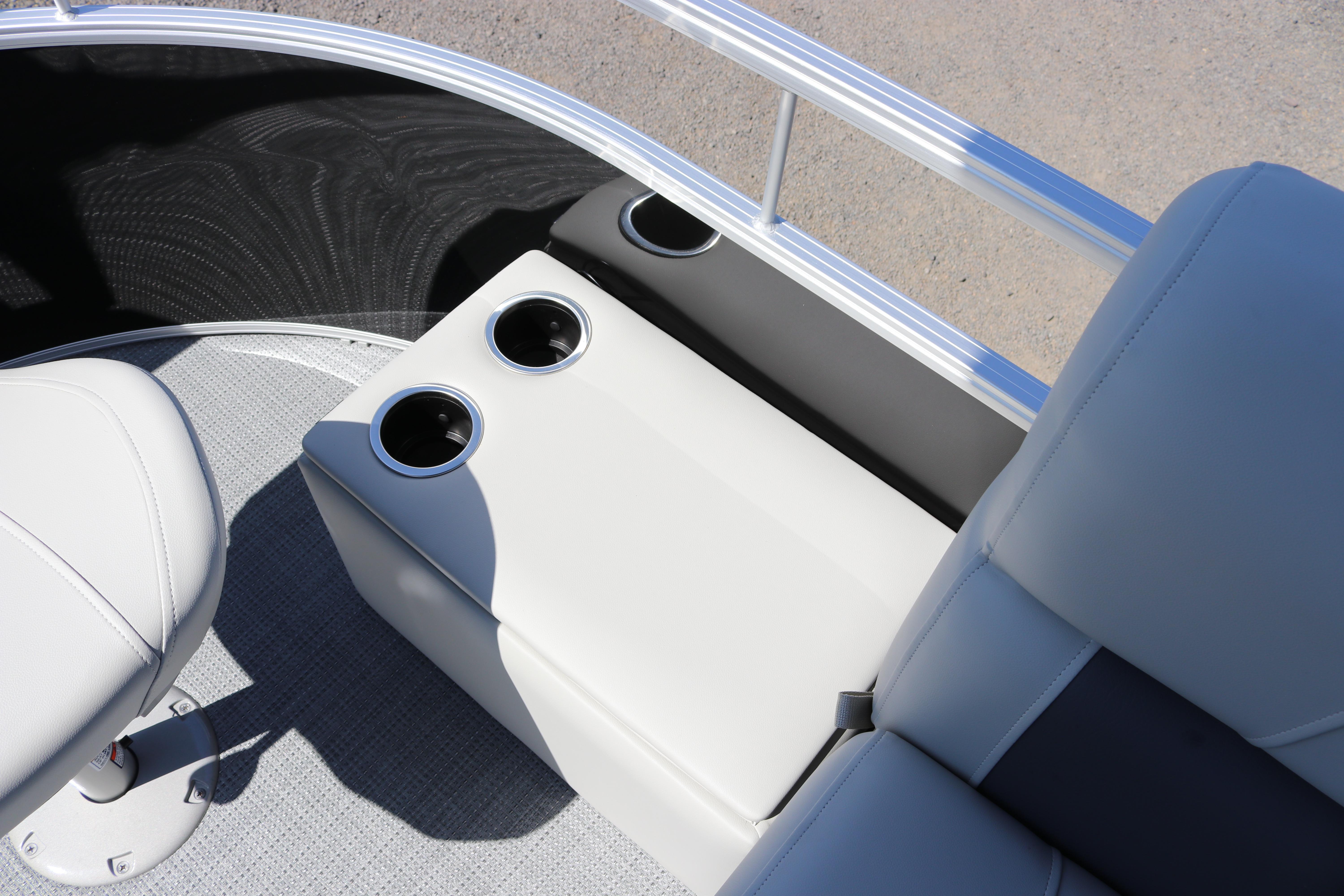 2025 SunChaser Vista 20 Fish boat interior with cup holders and seating.