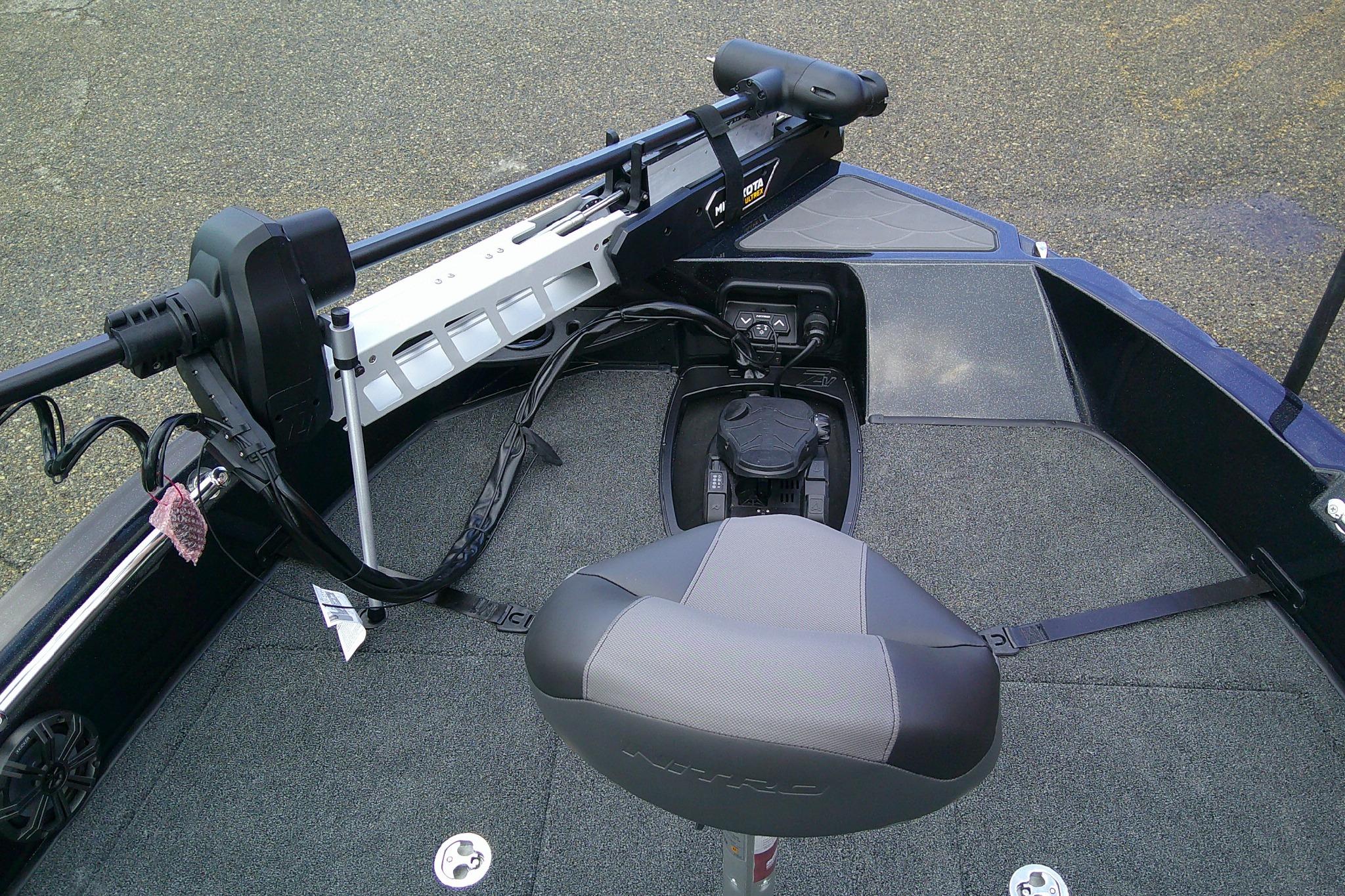 2026 Nitro ZV20 boat interior with trolling motor and seating.