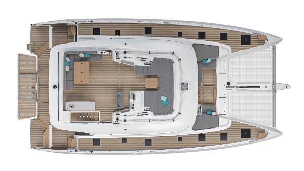 Top view of 2025 Lagoon 60 catamaran with spacious deck layout and modern design.
