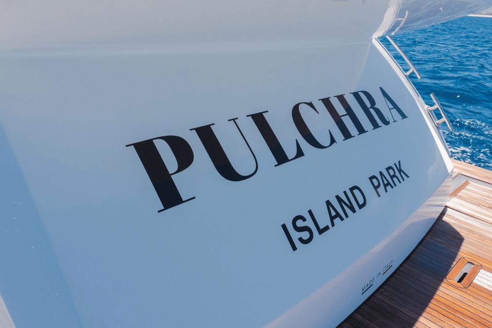 Azimut 60 yacht, 2020 model, with "Pulchra Island Park" name on the stern.