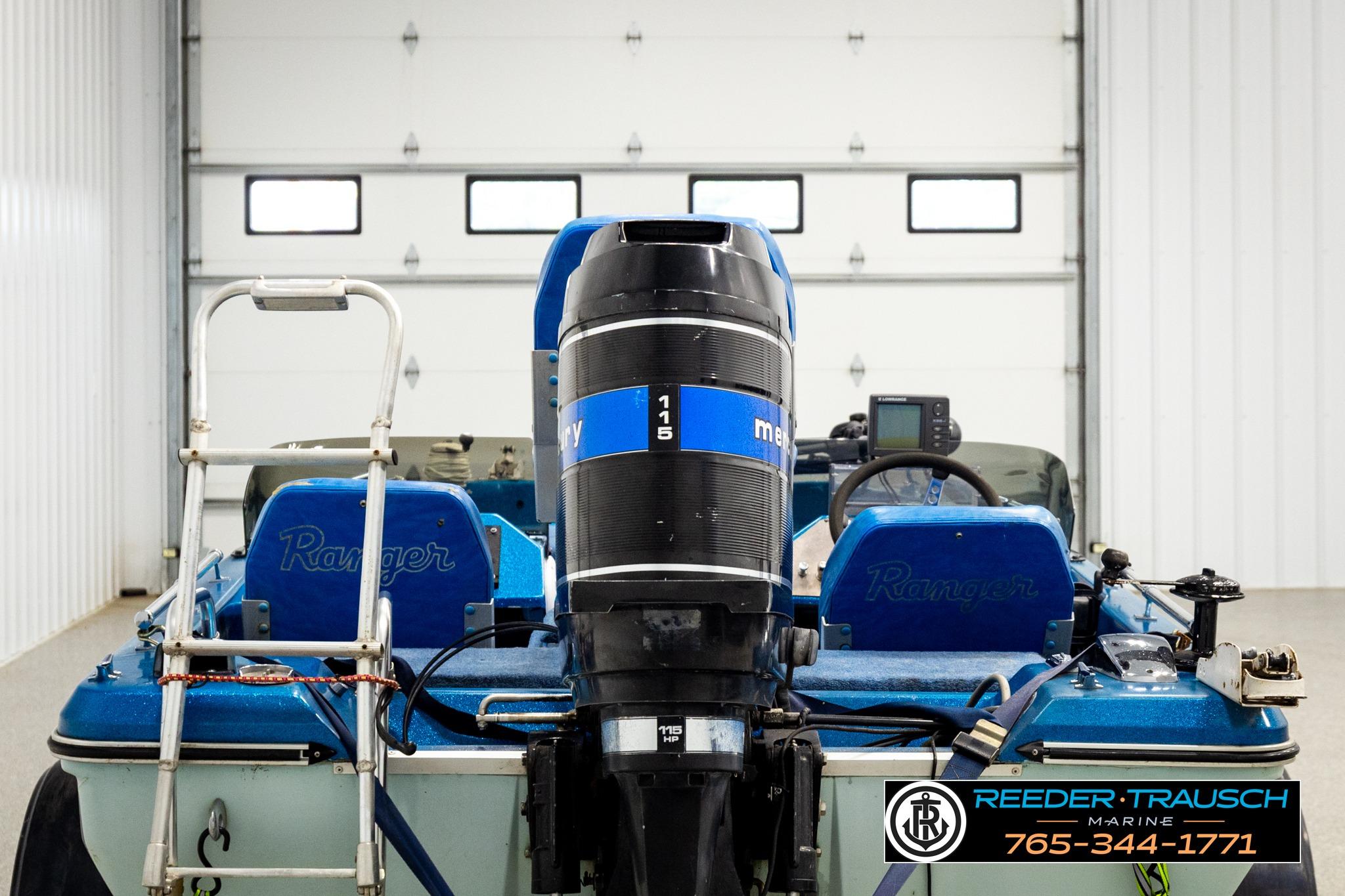 1980 Ranger 175 VS boat with Mercury outboard motor in a garage setting.