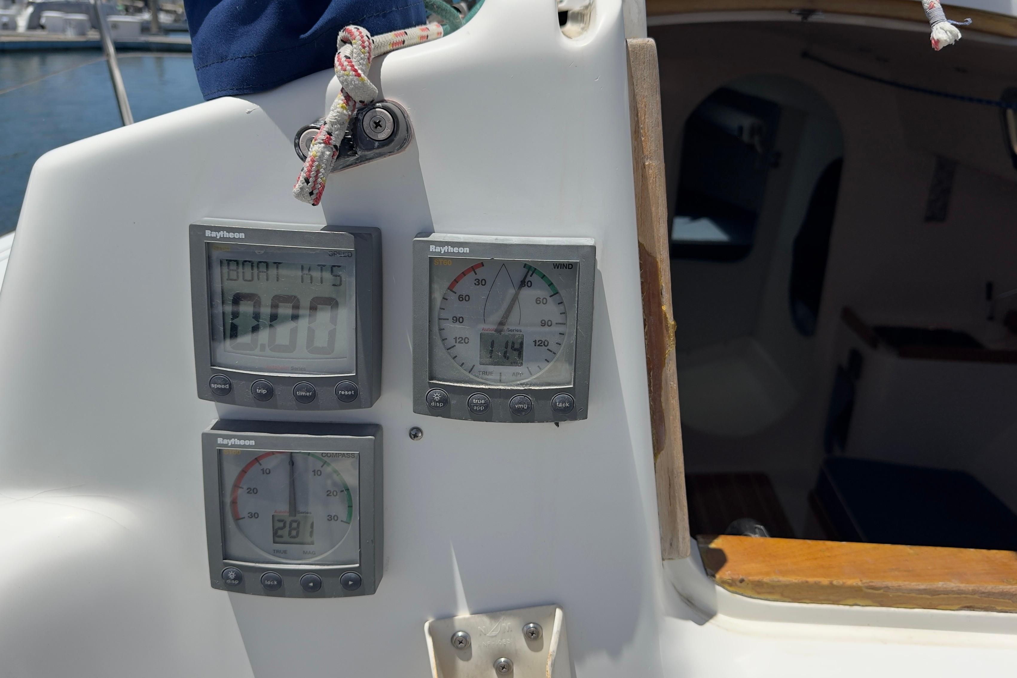 Cockpit instruments on a 1994 J Boats J/92 sailboat, displaying speed and wind data.