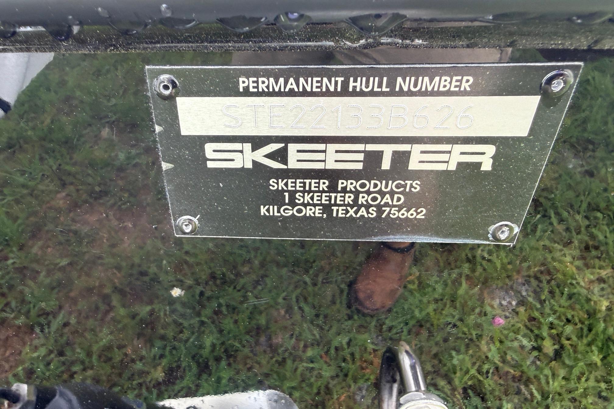 Hull plate of 2026 Skeeter SX2350 boat, displaying permanent hull number.