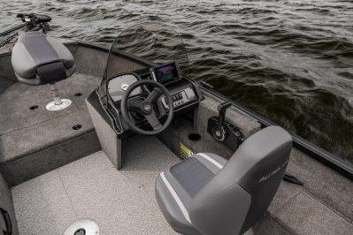 2026 Alumacraft Escape 165 CS boat interior with steering console on open water.