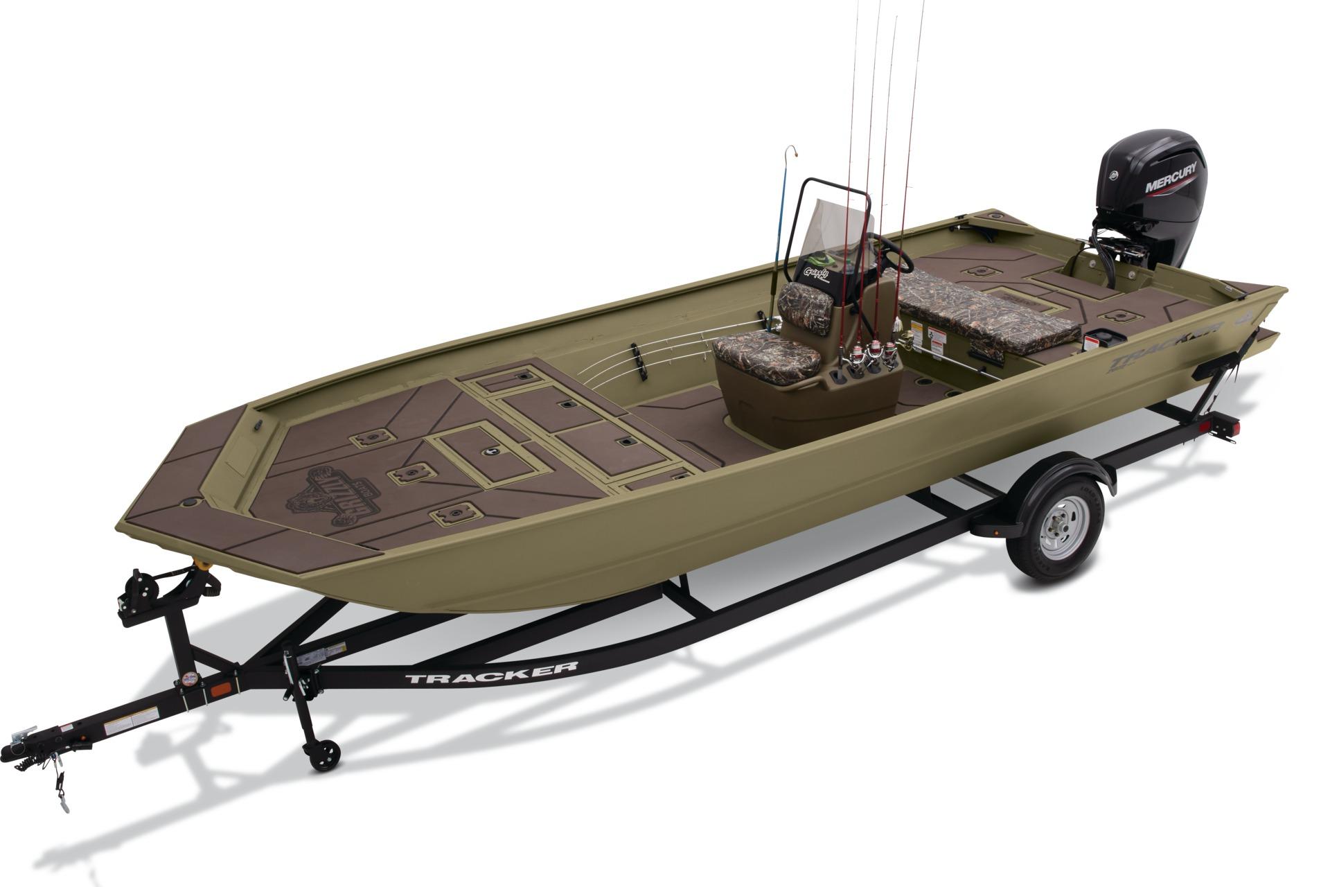 2024 Tracker Grizzly 2072 CC boat on trailer, featuring camouflage seating and Mercury outboard motor.