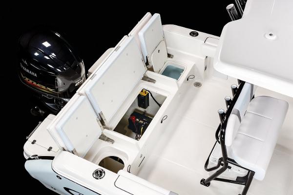 Manufacturer Provided Image: 2020 Robalo R230 Center Console boat with open storage compartments and Yamaha outboard motor.