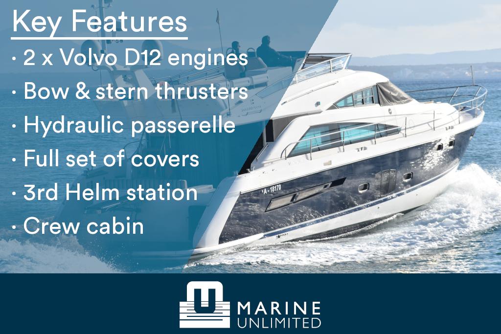 Fairline Squadron 55 yacht, 2010 model, featuring Volvo engines and luxury amenities on open water.