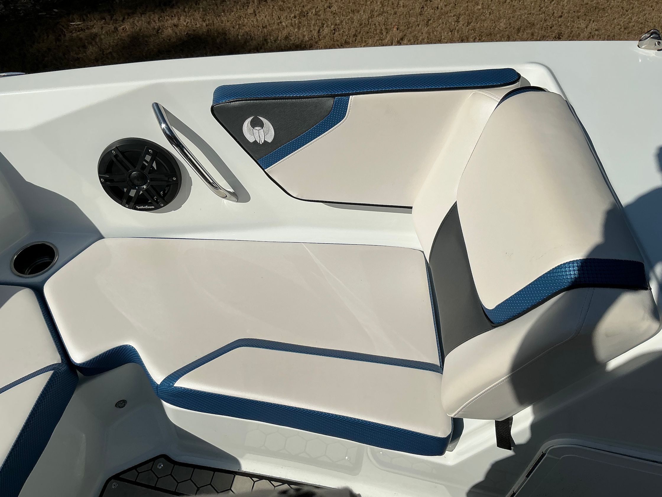 Interior of 2021 Scarab 215 ID with blue accents.