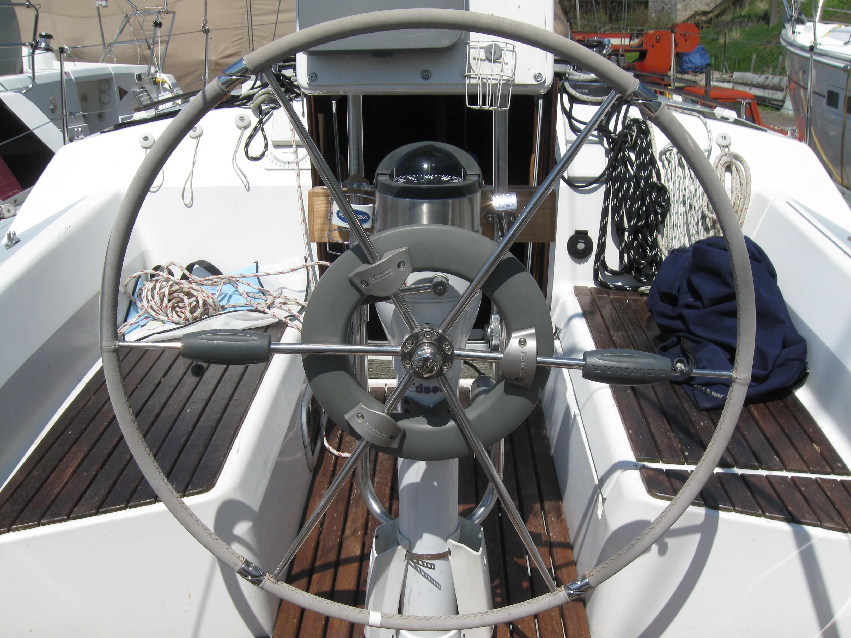 Steering wheel of a 1995 Hunter 35.5 sailboat.