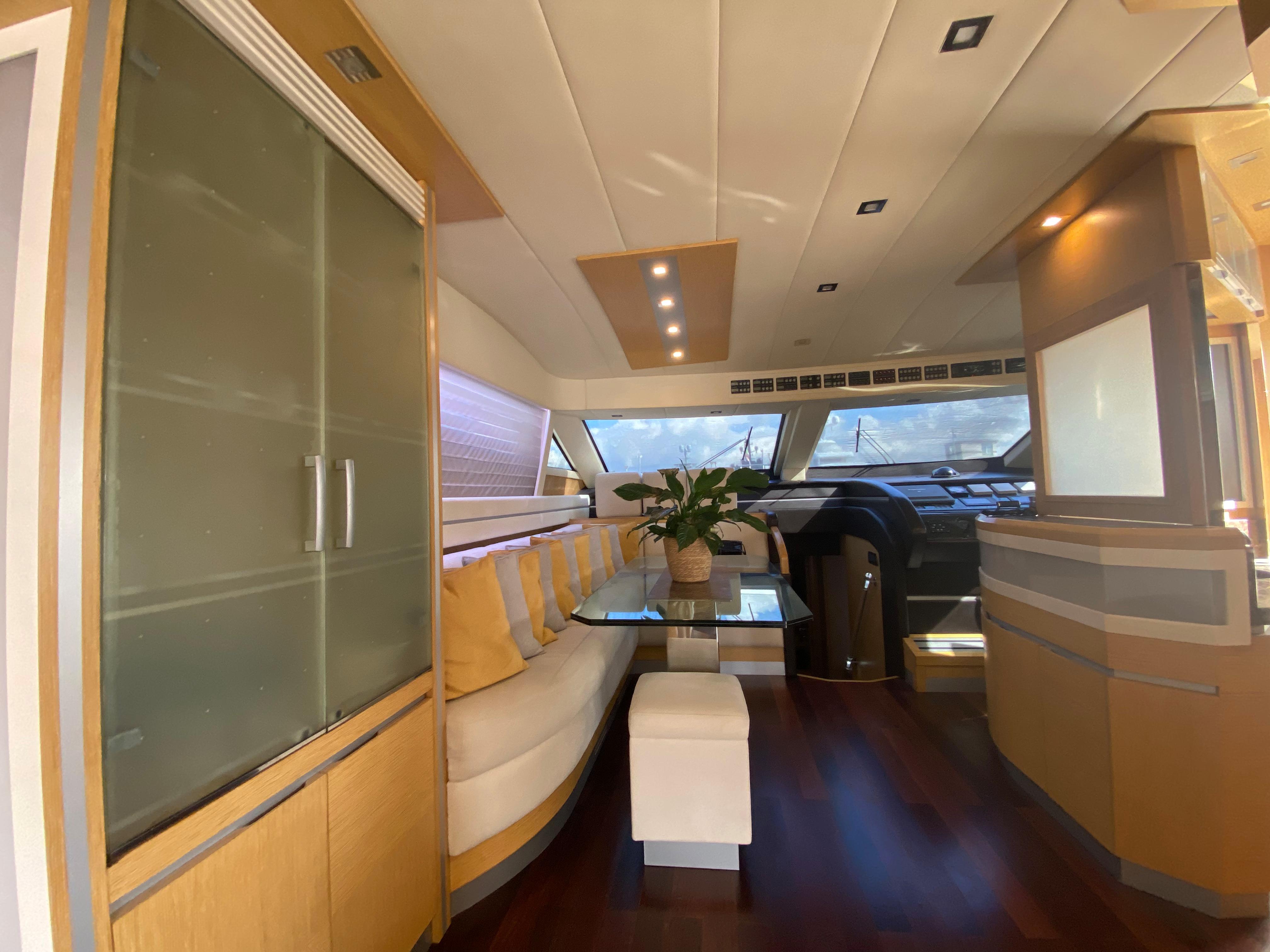 Luxurious interior of a 2008 Dominator 680 yacht with modern furnishings and elegant design.