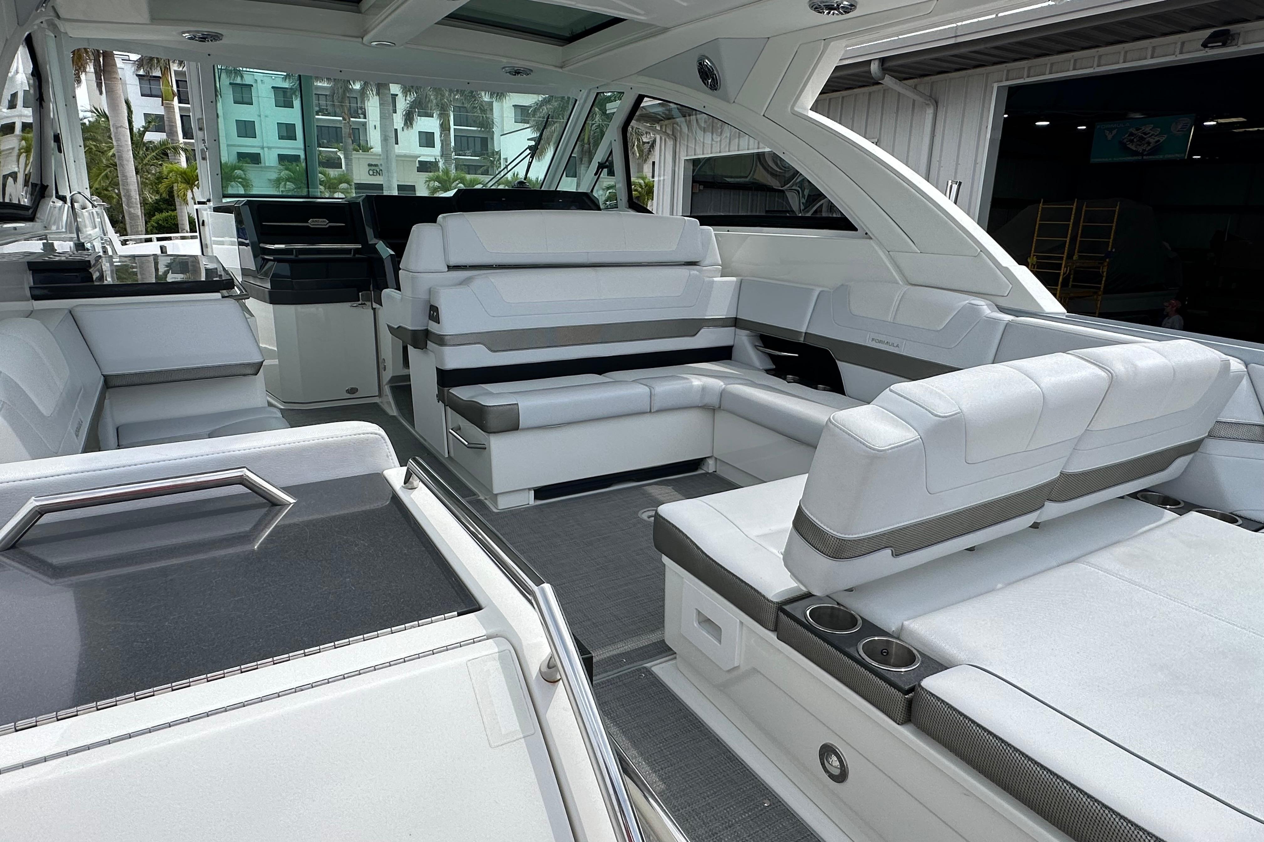 Luxurious interior of 2021 Formula 380 Super Sport Crossover OB with plush seating and modern design.