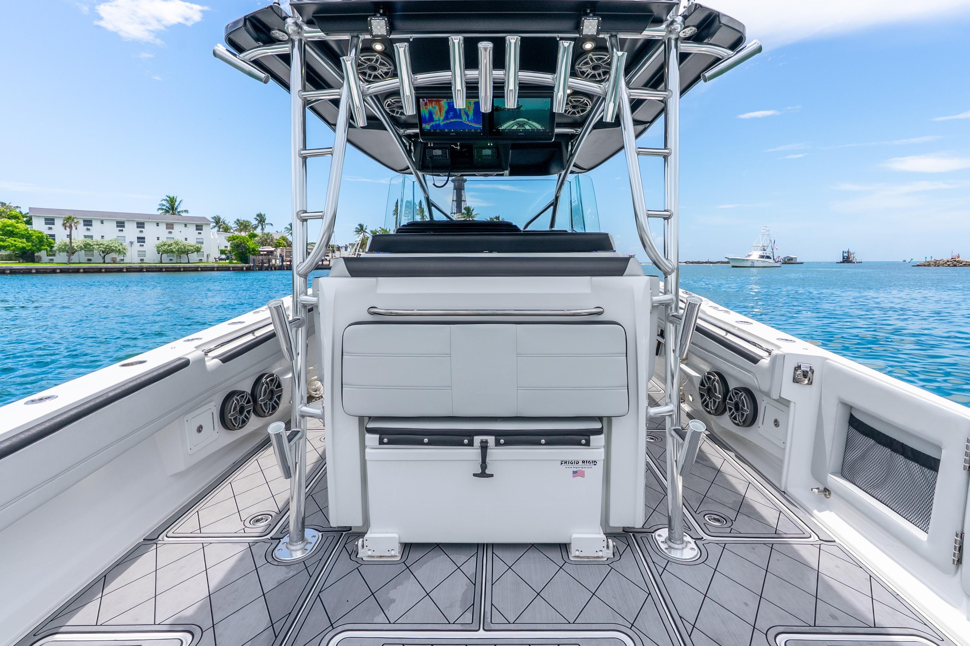 2024 Nor-Tech 452 Super Fish boat interior with sleek design and advanced features on open water.
