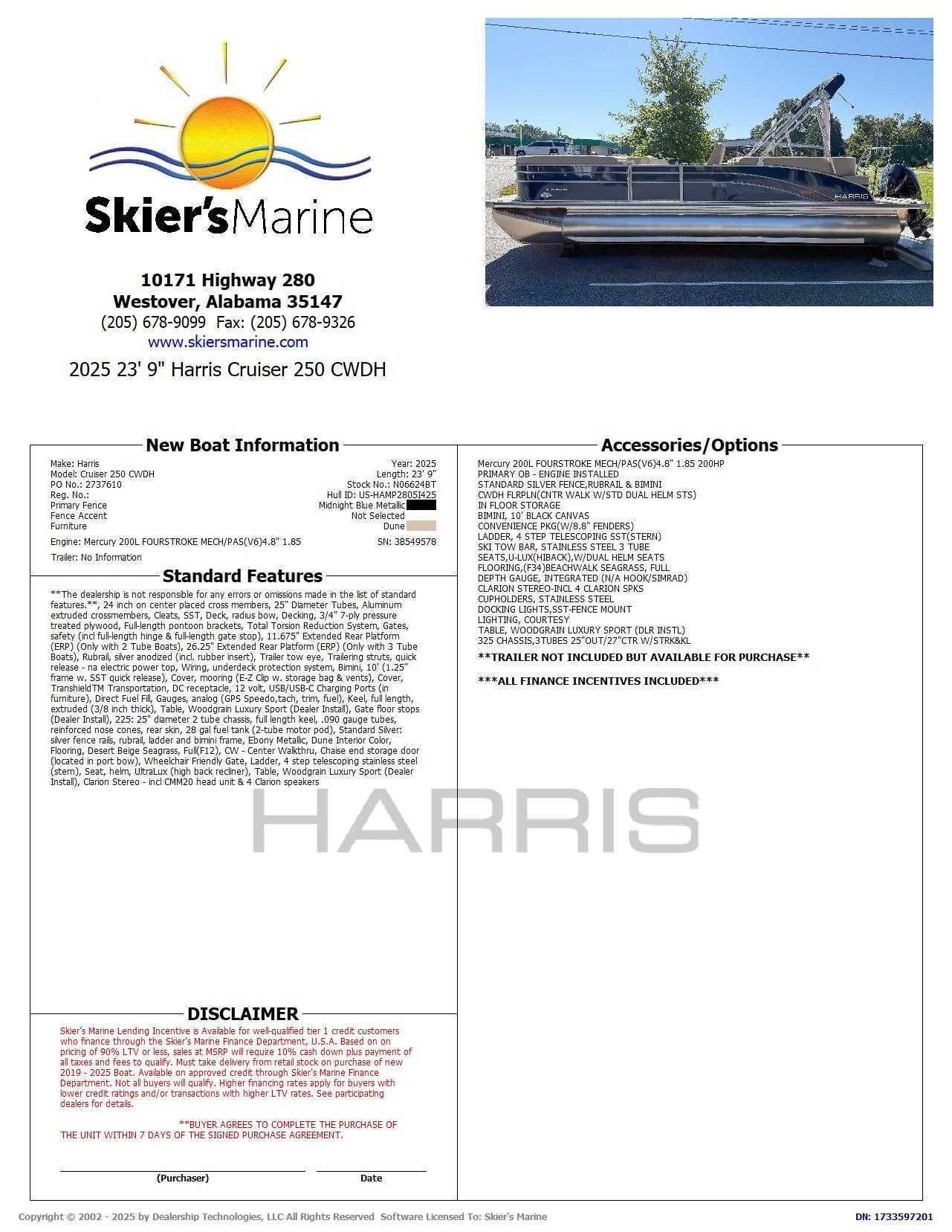 Brochure for 2025 Harris Cruiser 250 CWDH at Skier's Marine.