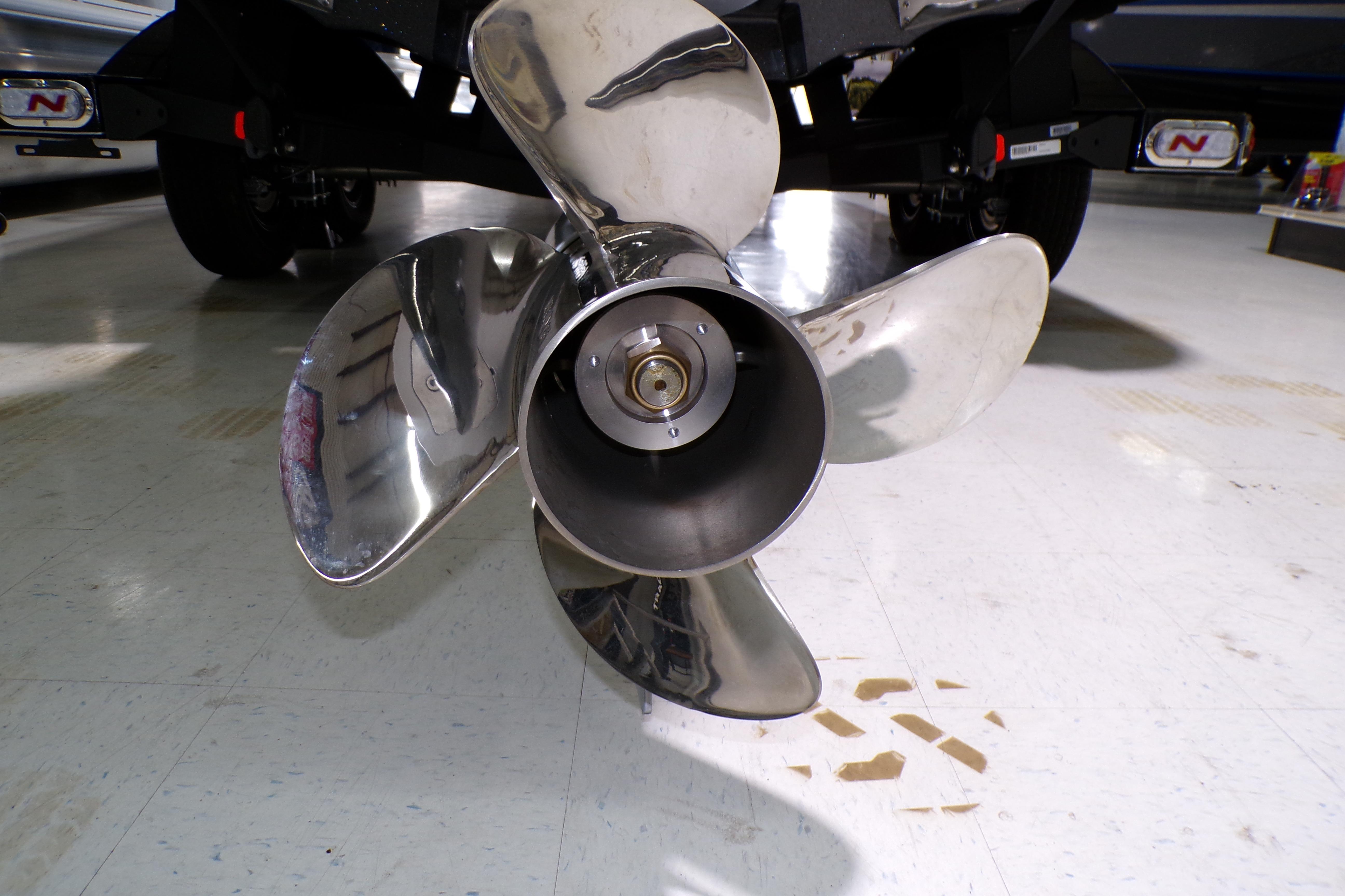 Close-up of a shiny propeller on a 2026 Nitro ZV21 Pro boat.
