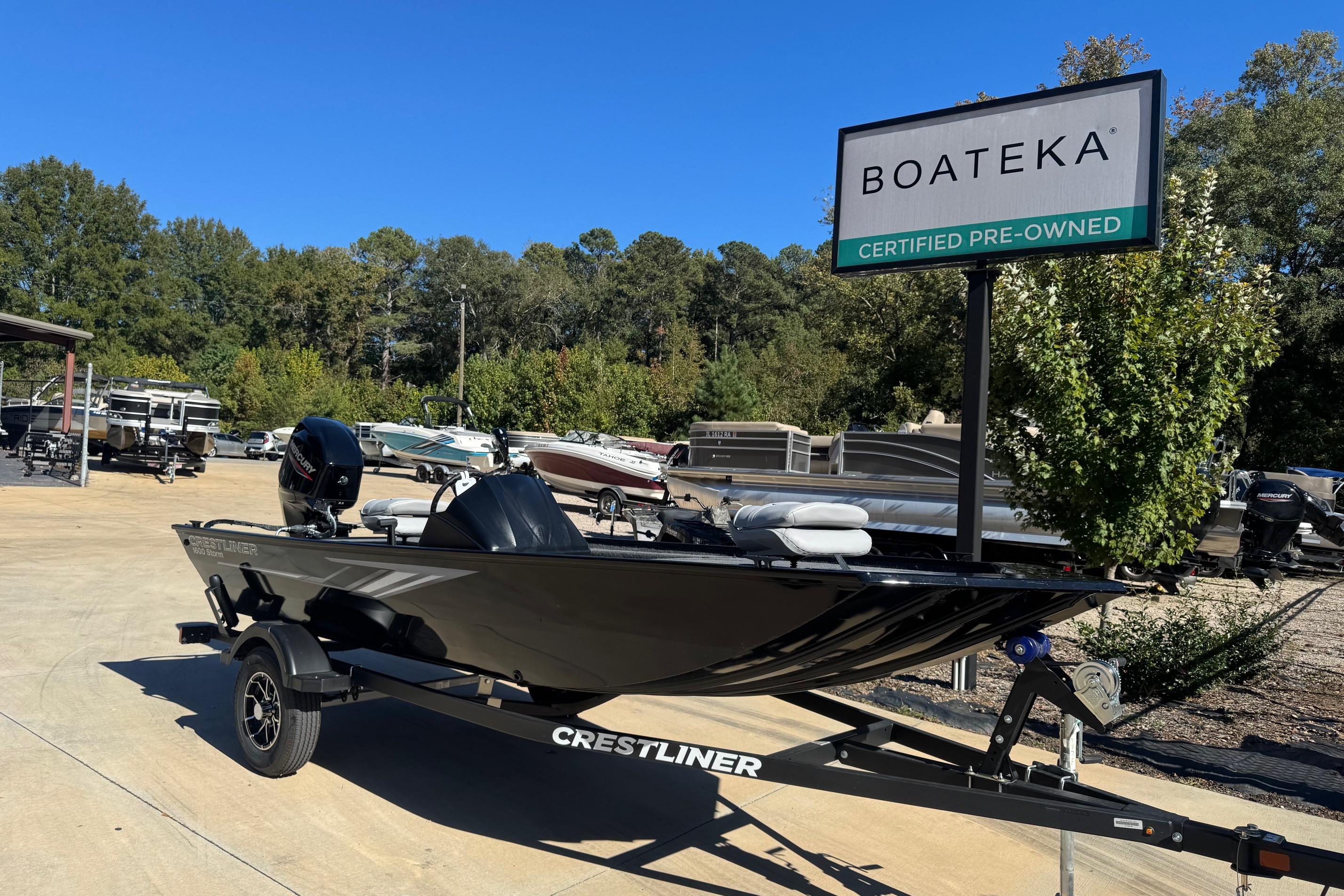 2026 Crestliner 1600 Storm boat on trailer at Boateka certified pre-owned dealership.