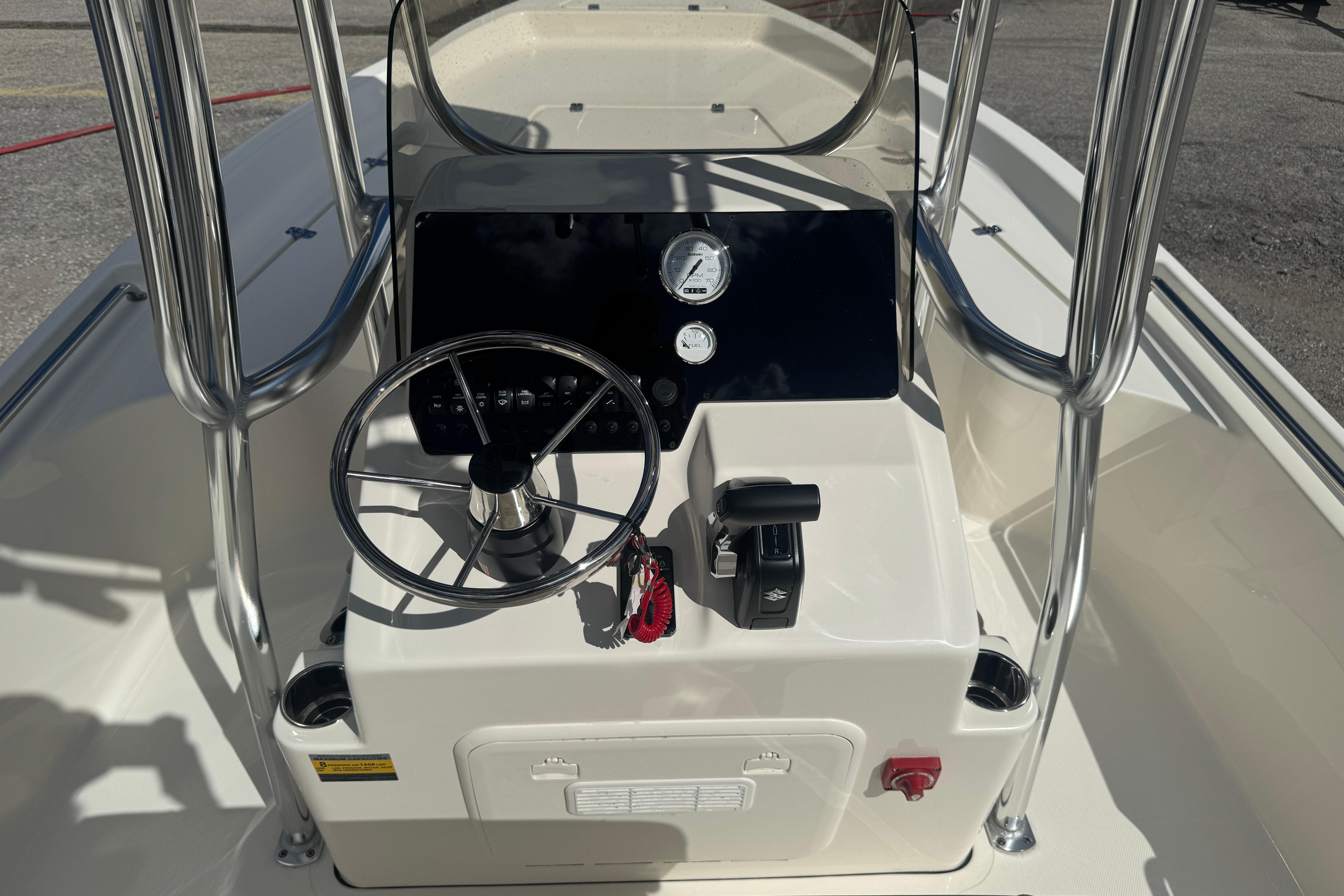 2026 Bulls Bay 2200 boat console with steering wheel and controls.