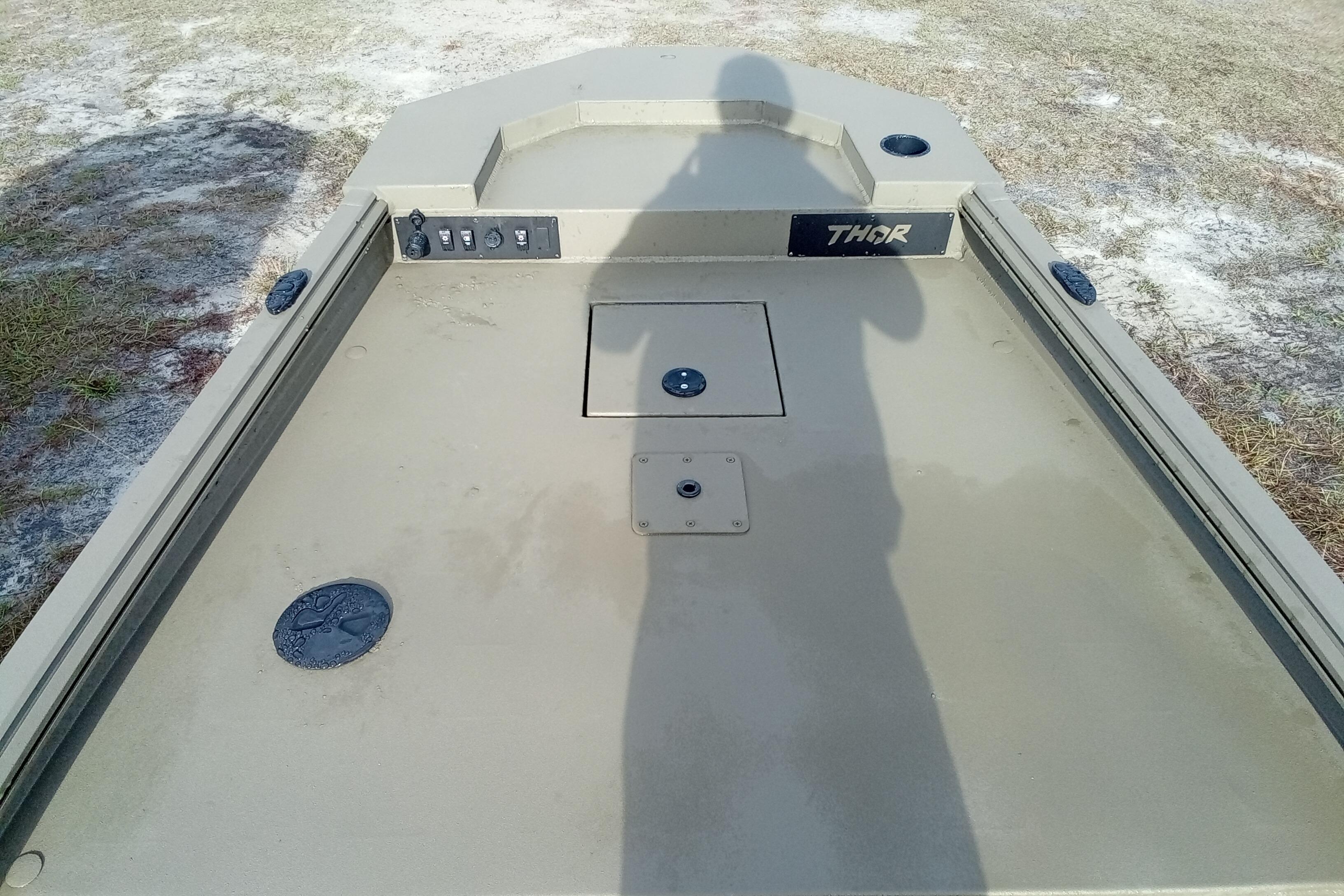 2026 Thor 1754 Swamp Hammer boat deck with control panel and shadow.