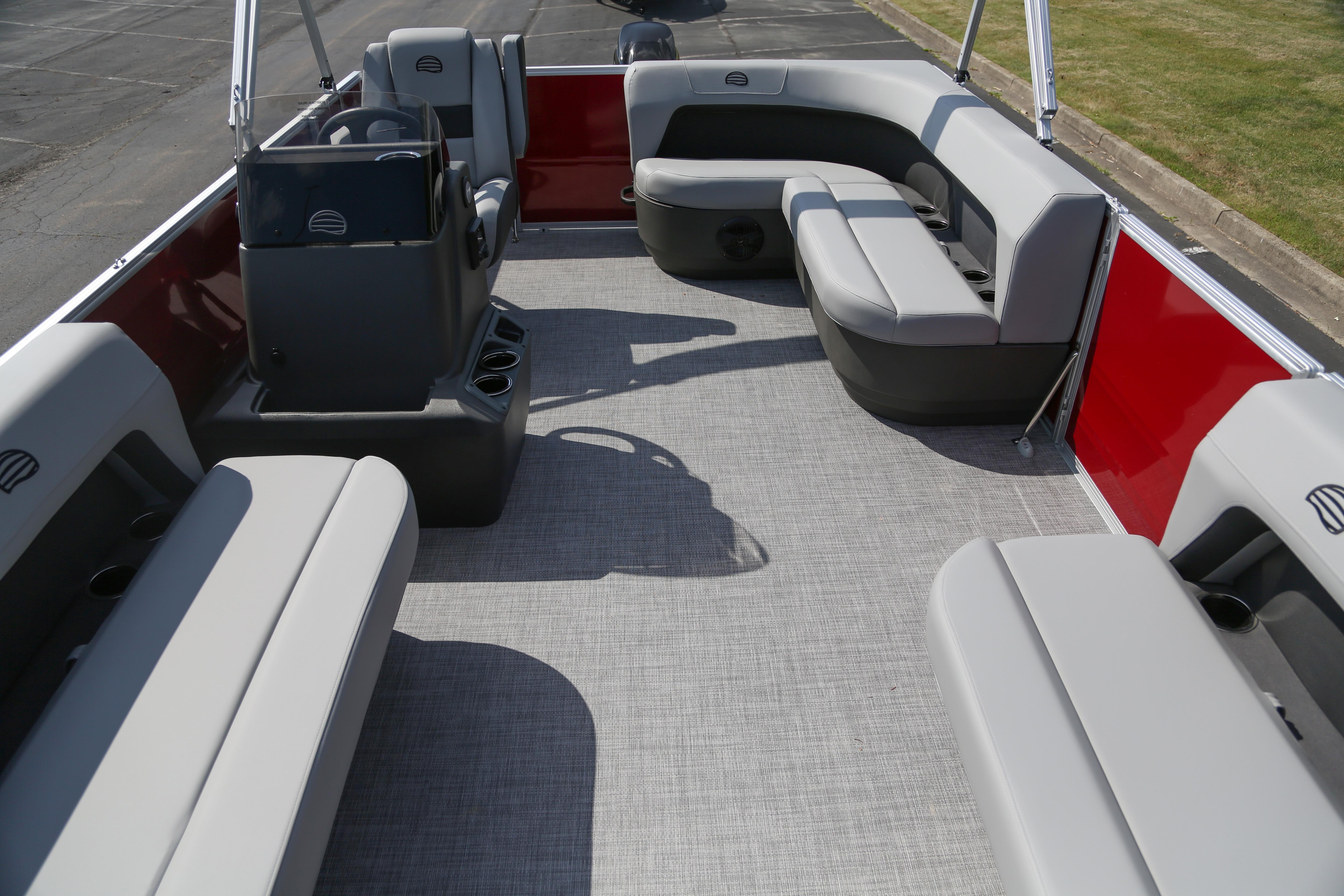2026 Sun Tracker Party Barge 16 DLX interior with spacious seating and modern design.