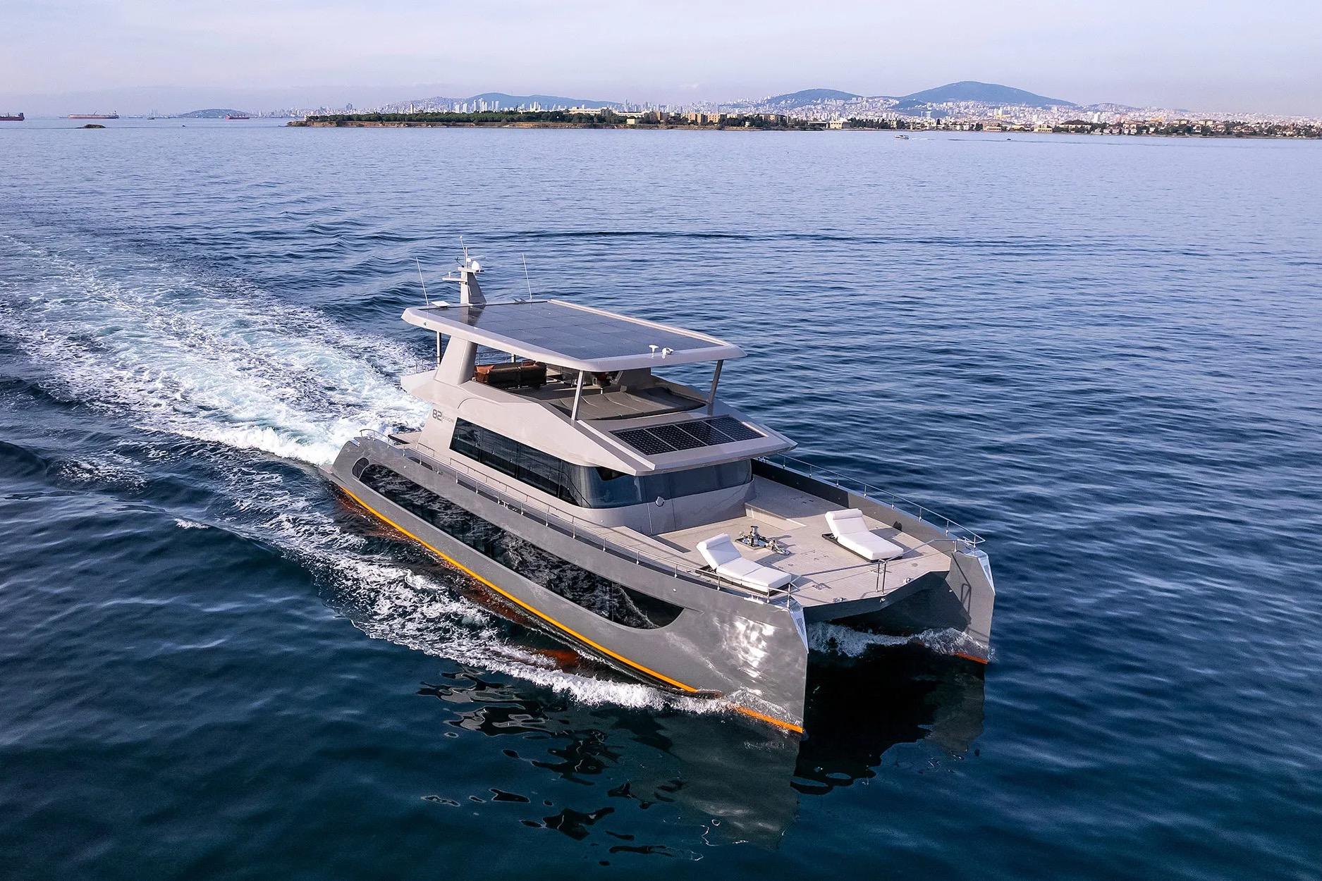 2024 VisionF 82 yacht cruising on open water, showcasing sleek design and luxury features.
