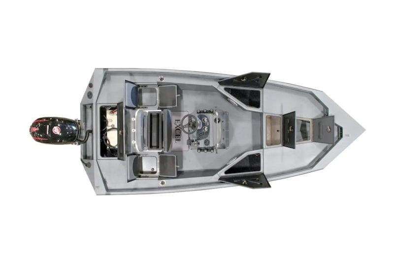 Top view of 2027 Excel 230 Bay Pro Elite boat with open compartments.