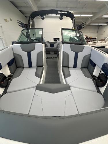 2025 MasterCraft XT22 boat interior with modern seating and sleek design.