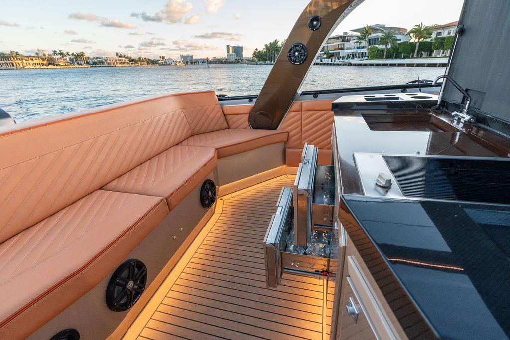 Luxurious DeKoning 43 yacht interior with elegant seating and modern amenities, 2023 model.