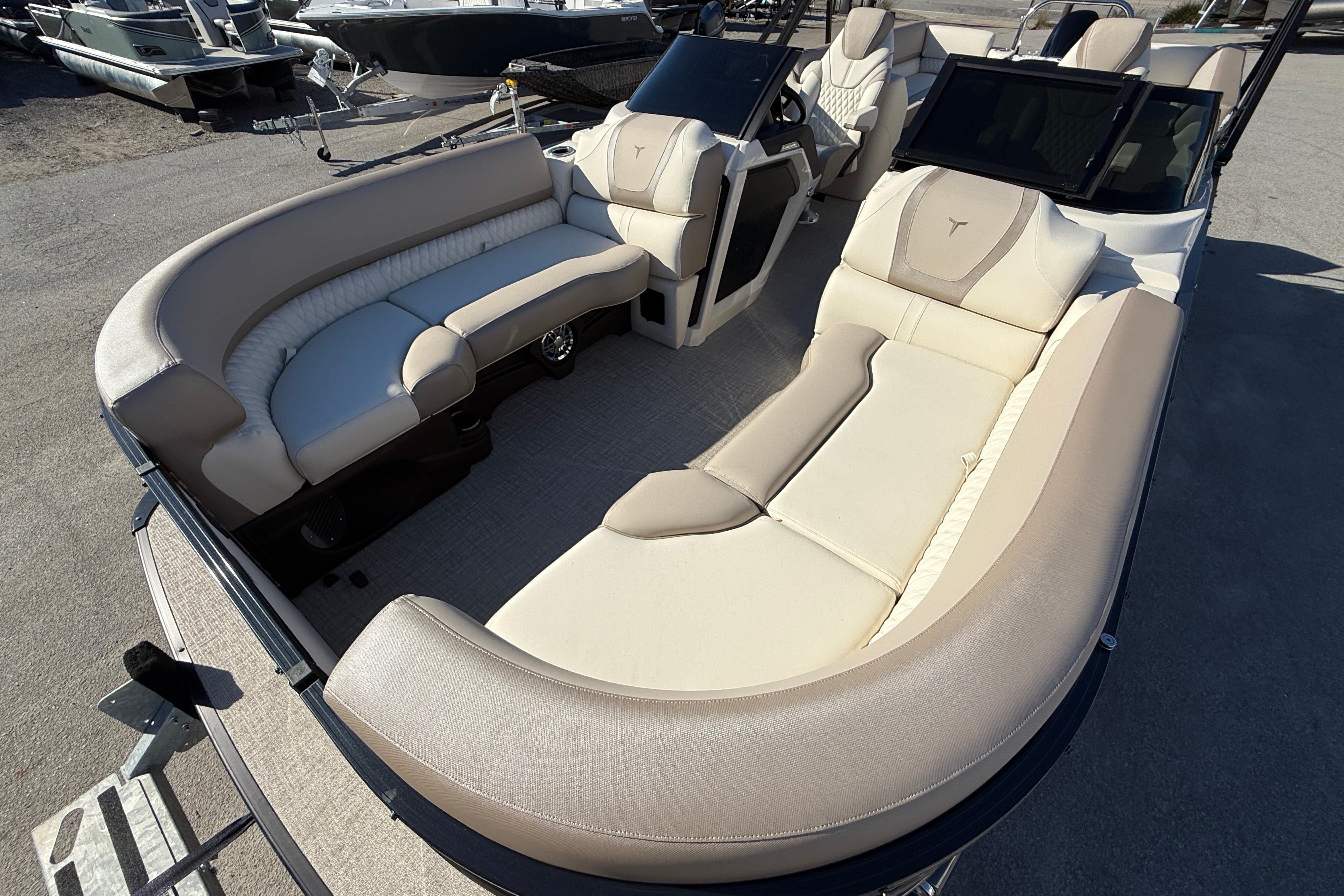 2026 Tahoe Pontoon Cascade Quad Lounger Windshield with luxurious seating and modern design.