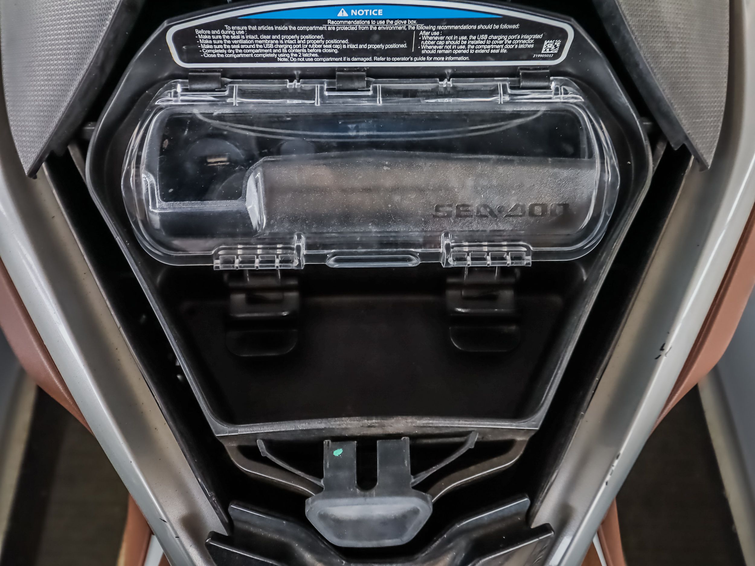 Sea-Doo GTX300 2018 storage compartment with transparent lid.
