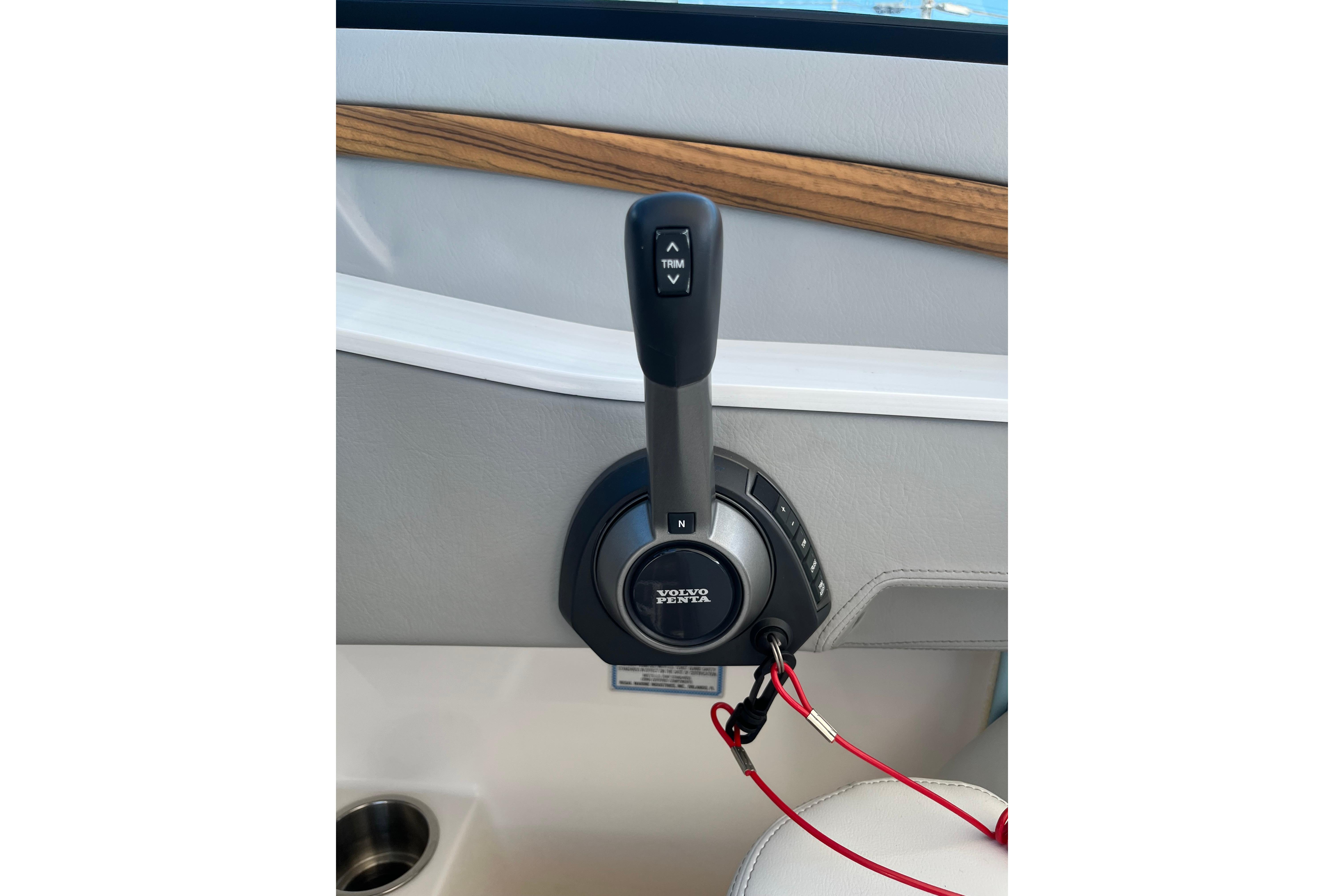 Throttle control of 2024 Regal LS9 Surf boat with Volvo Penta branding.