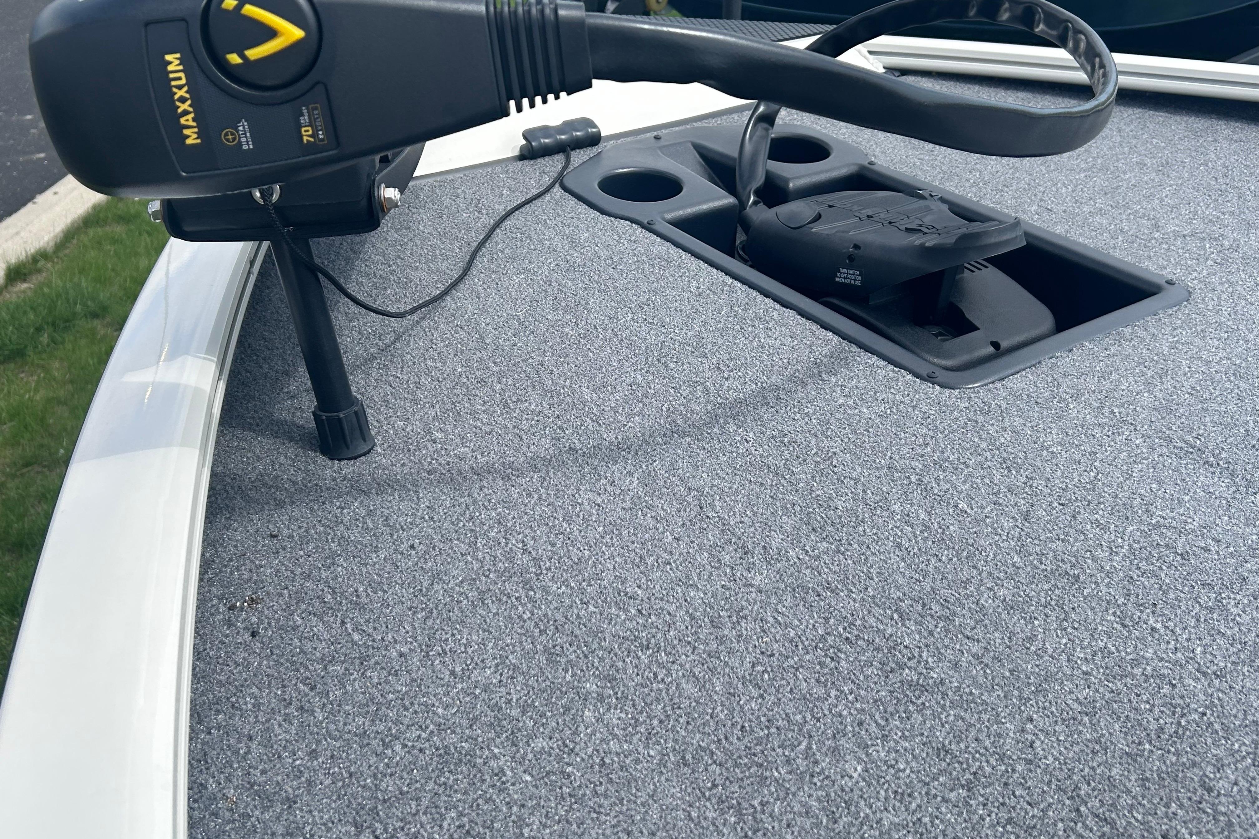 2025 Tracker Savage 215 boat deck with Maxxum trolling motor and foot pedal.