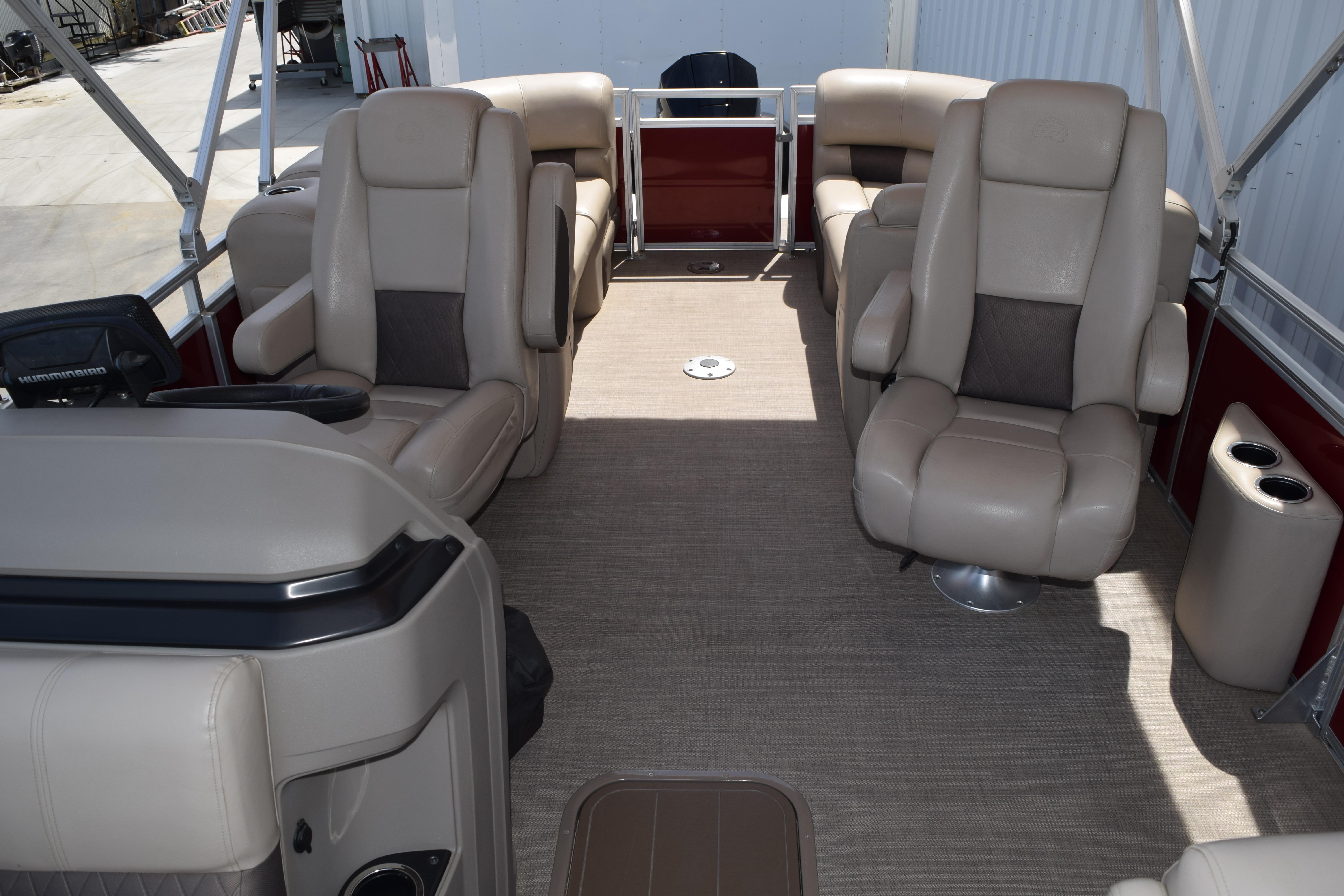 2025 Sun Tracker Party Barge 22 XP3 interior with plush seating and modern design.
