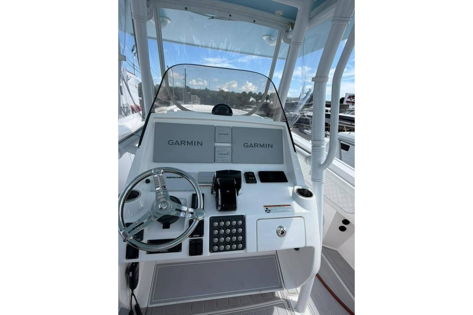 Helm of 2020 Intrepid 375 Nomad SE with Garmin navigation system.