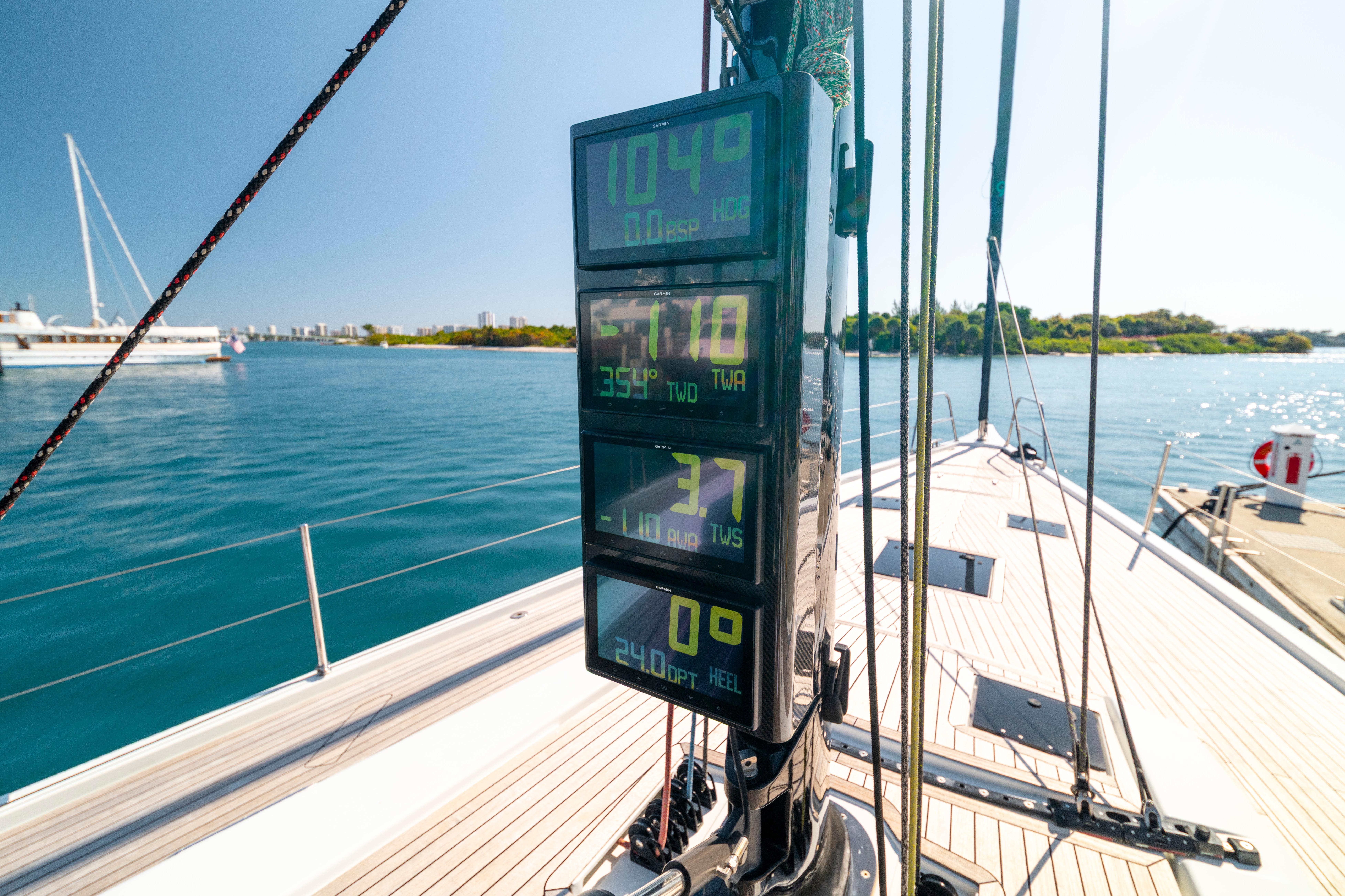 2016 Grand Soleil 58 yacht with digital navigation display on deck, sailing in clear blue waters.