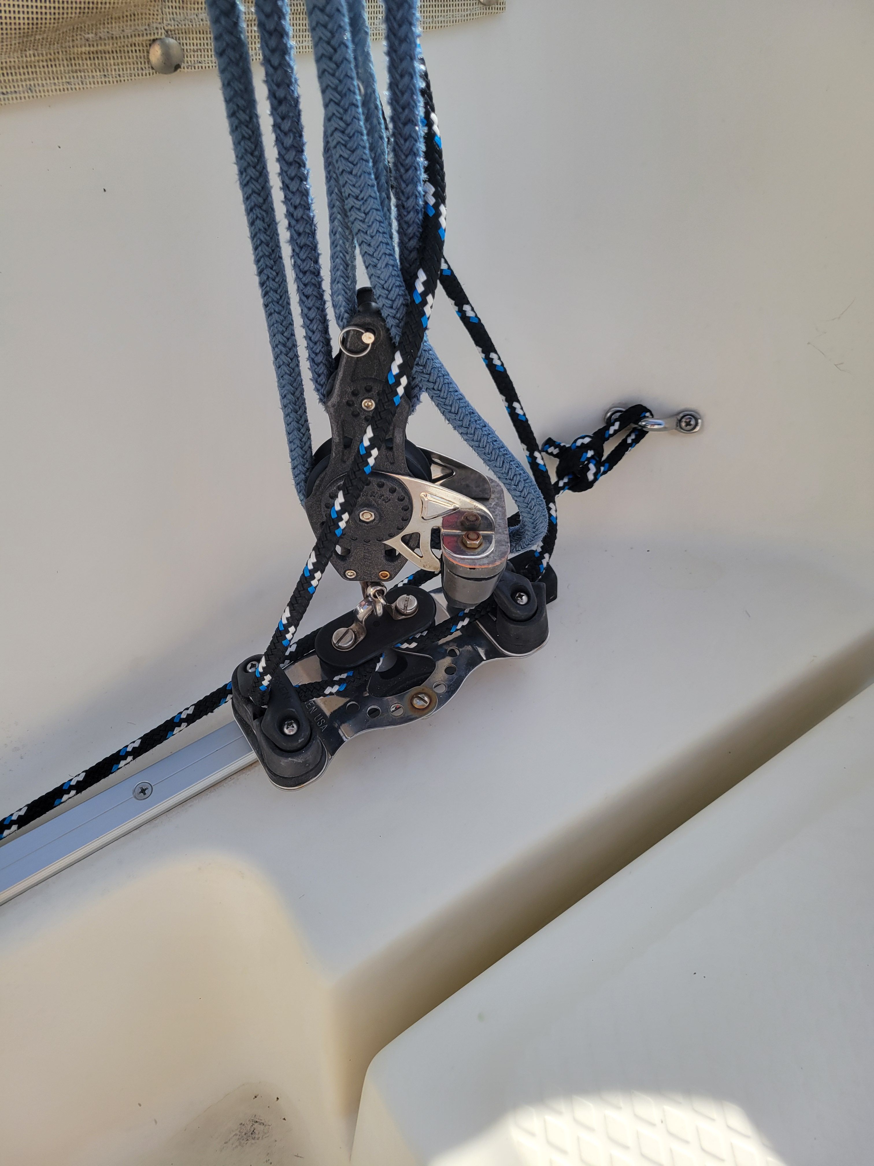 Close-up of a pulley system on a Hake Seaward 26 RK boat.