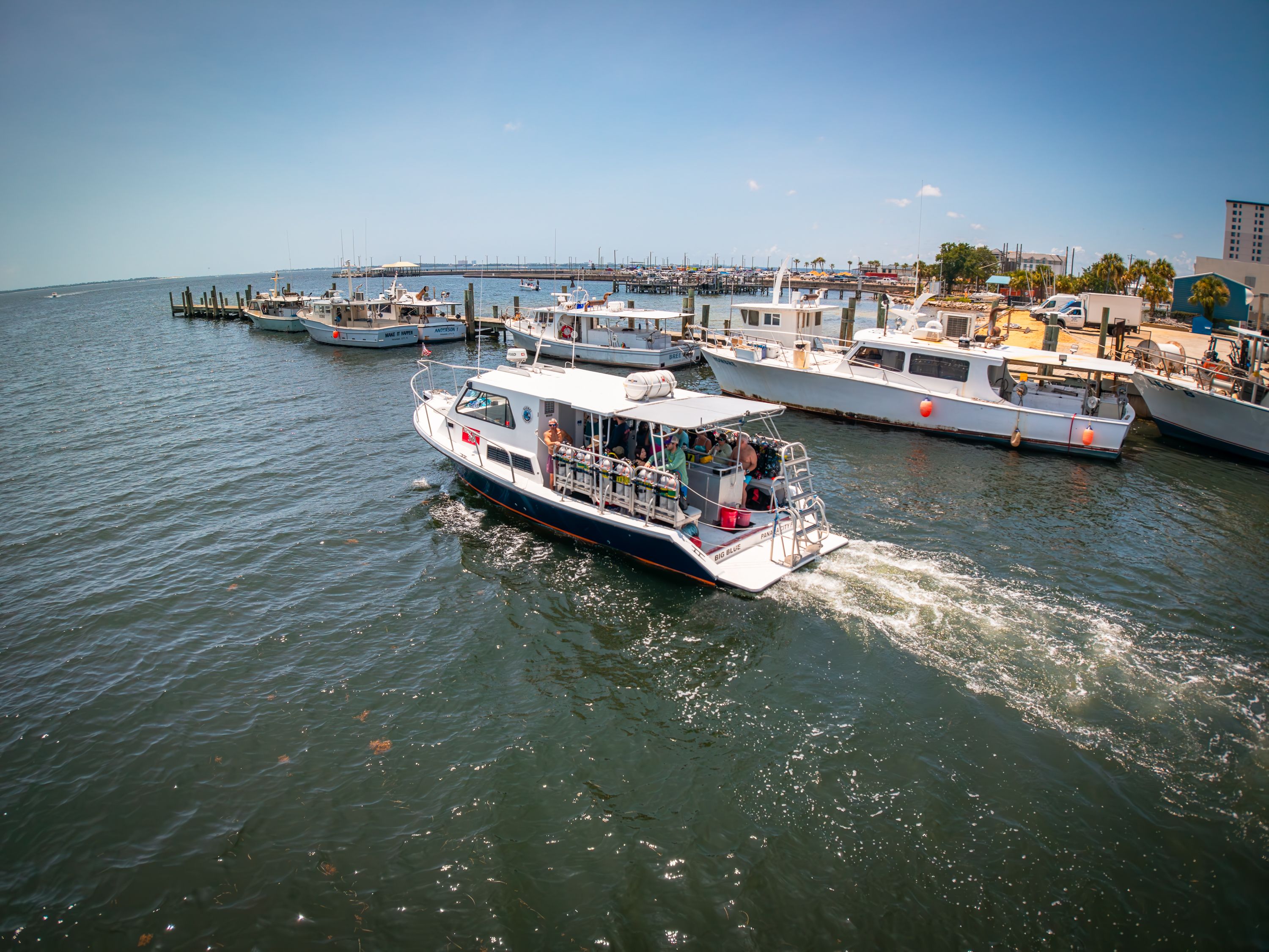 A Newton 36' Dive Special boat navigates through a busy harbor with several other boats.