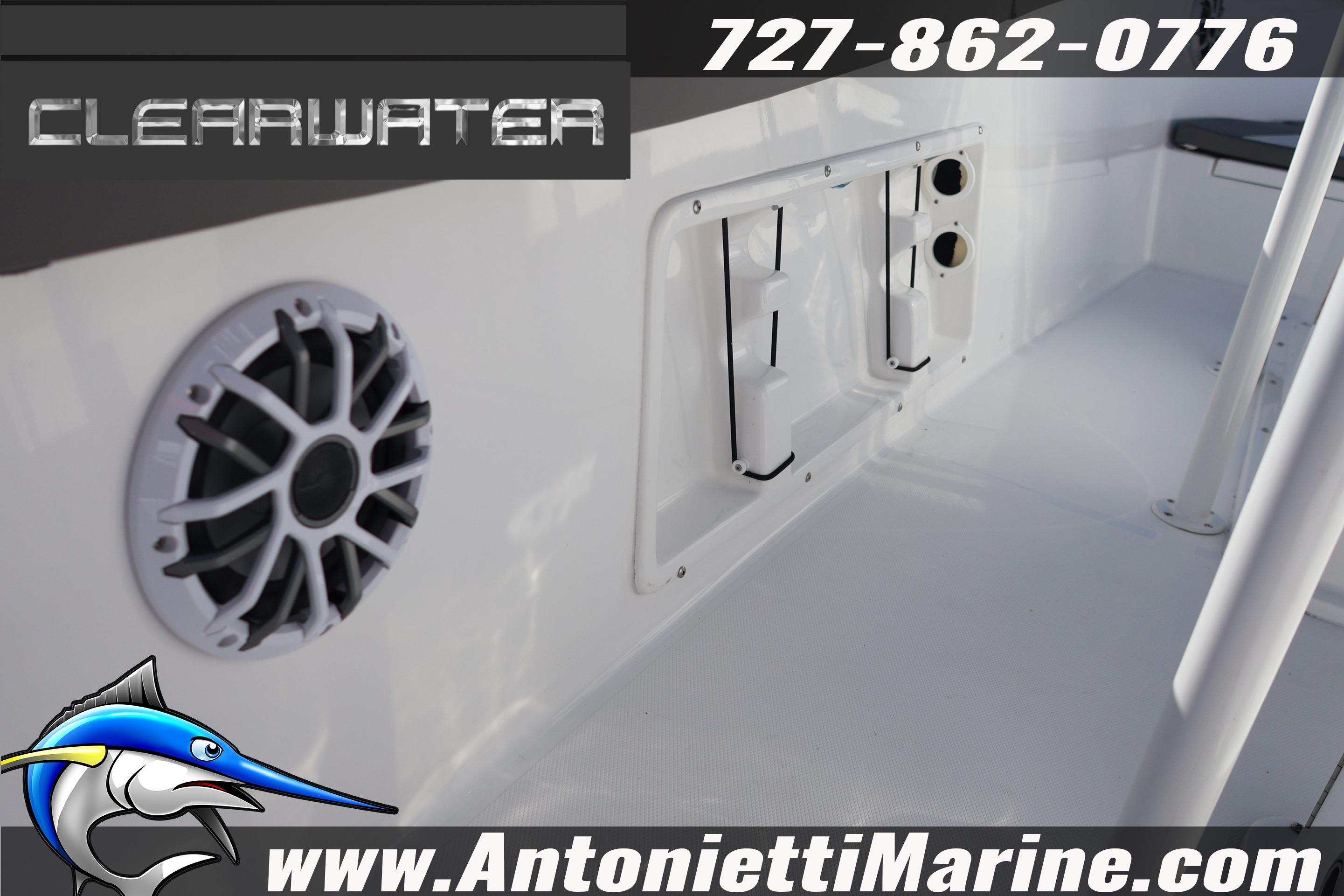2026 Clearwater 2300 boat interior with speaker and storage compartments.