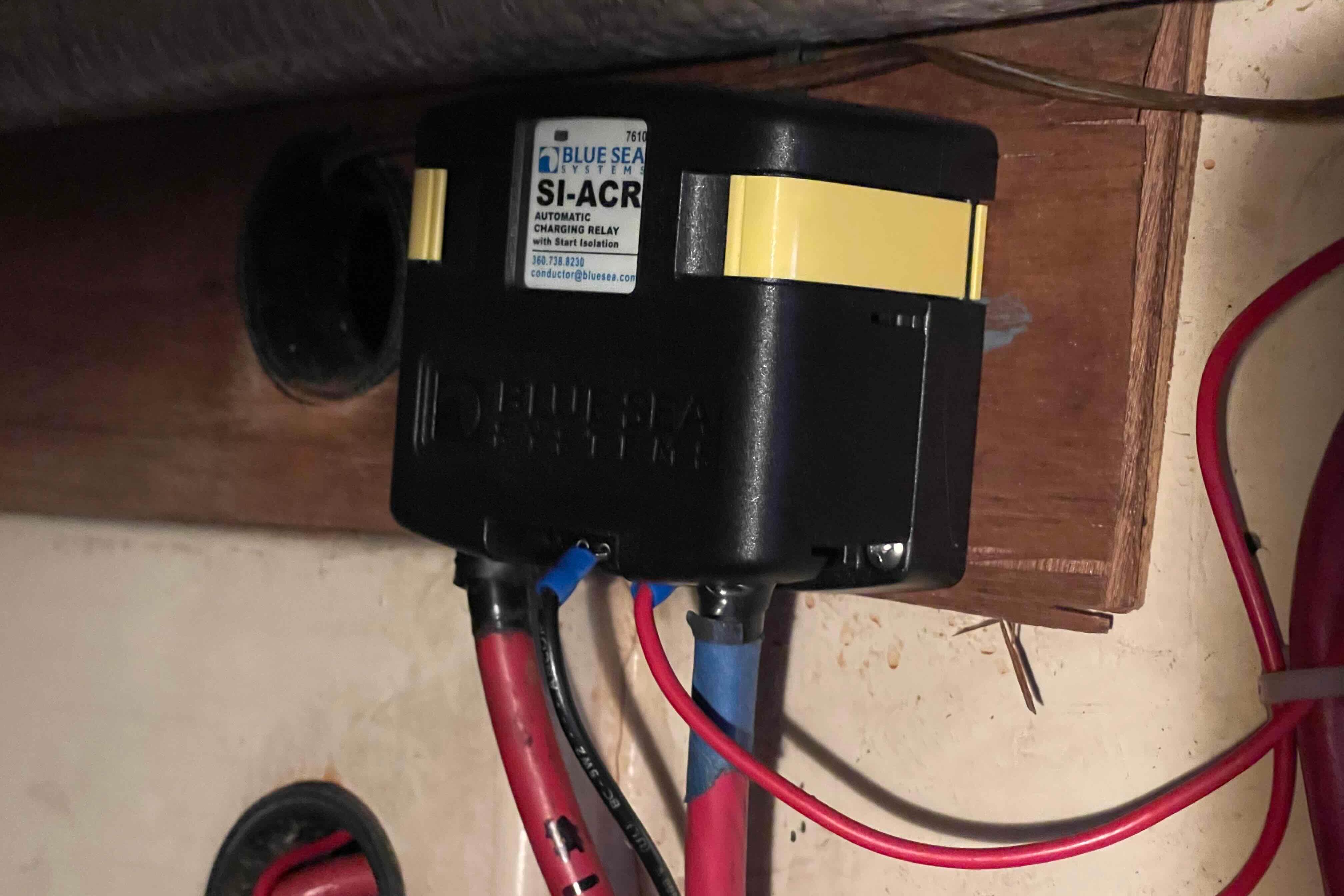 Blue Sea Systems SI-ACR automatic charging relay in 1987 Pacific Seacraft 34 sailboat.