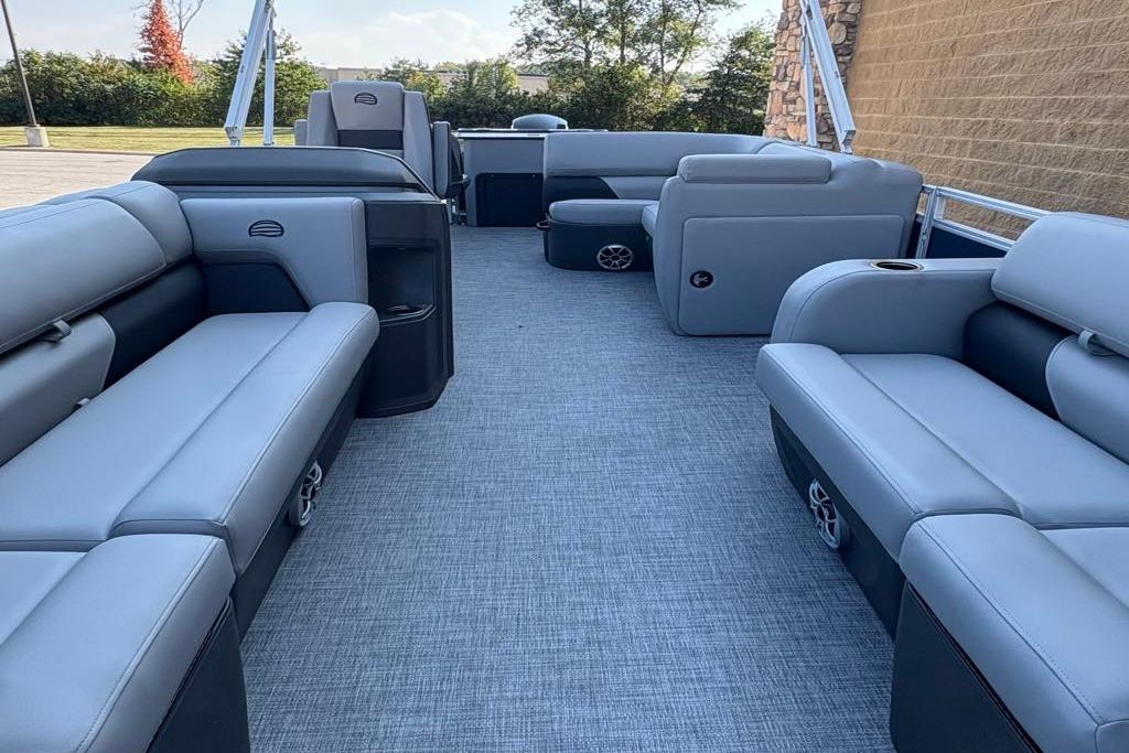 2026 Sun Tracker SportFish 22 DLX pontoon boat interior with spacious seating and modern design.