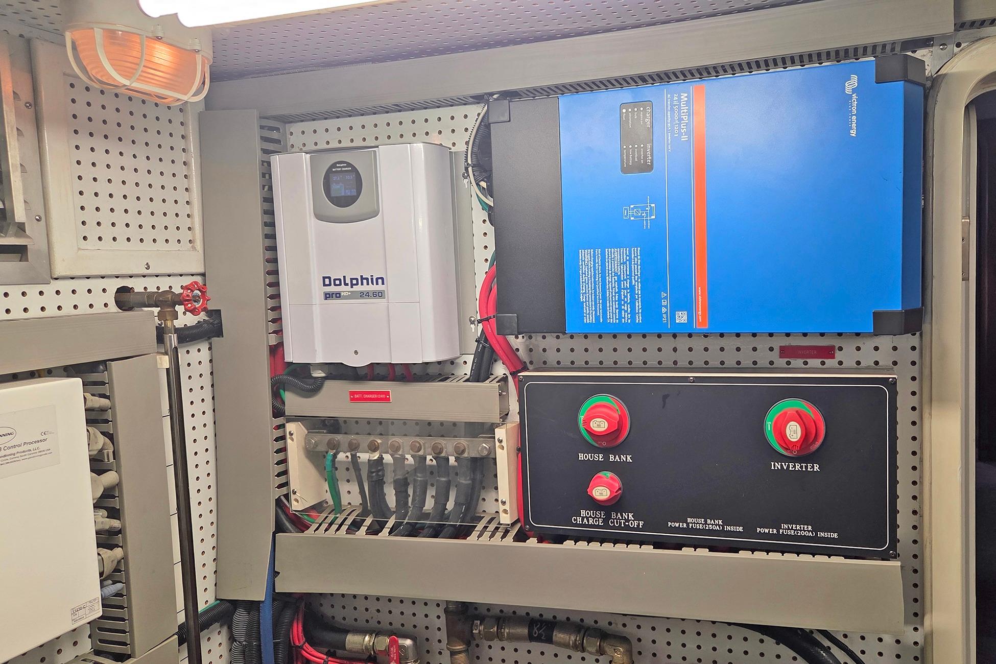Electrical panel of 2008 Outer Reef Yachts 650 Motoryacht with Dolphin Pro and Victron Energy components.