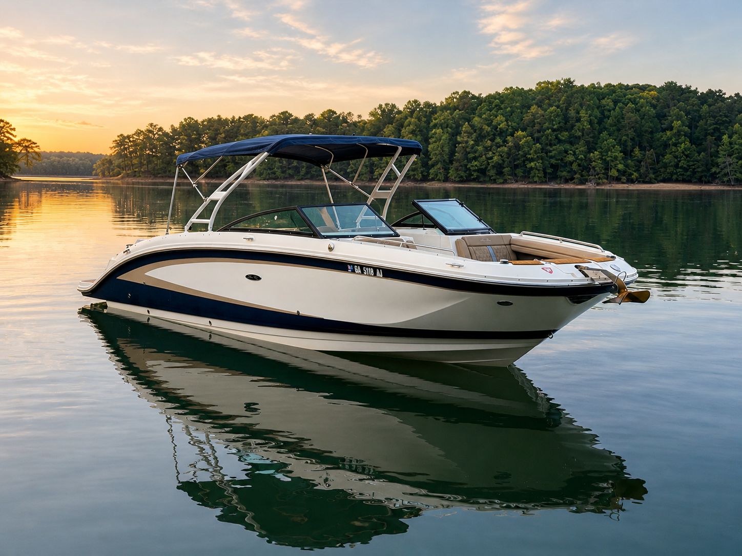2016 Sea Ray 290 Sundeck on calm lake at sunset.