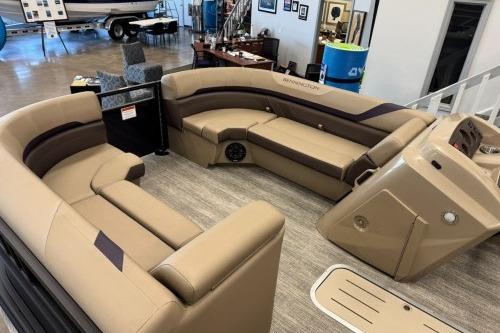 2026 Bennington 22SXSB pontoon boat interior with luxurious tan seating and modern design.