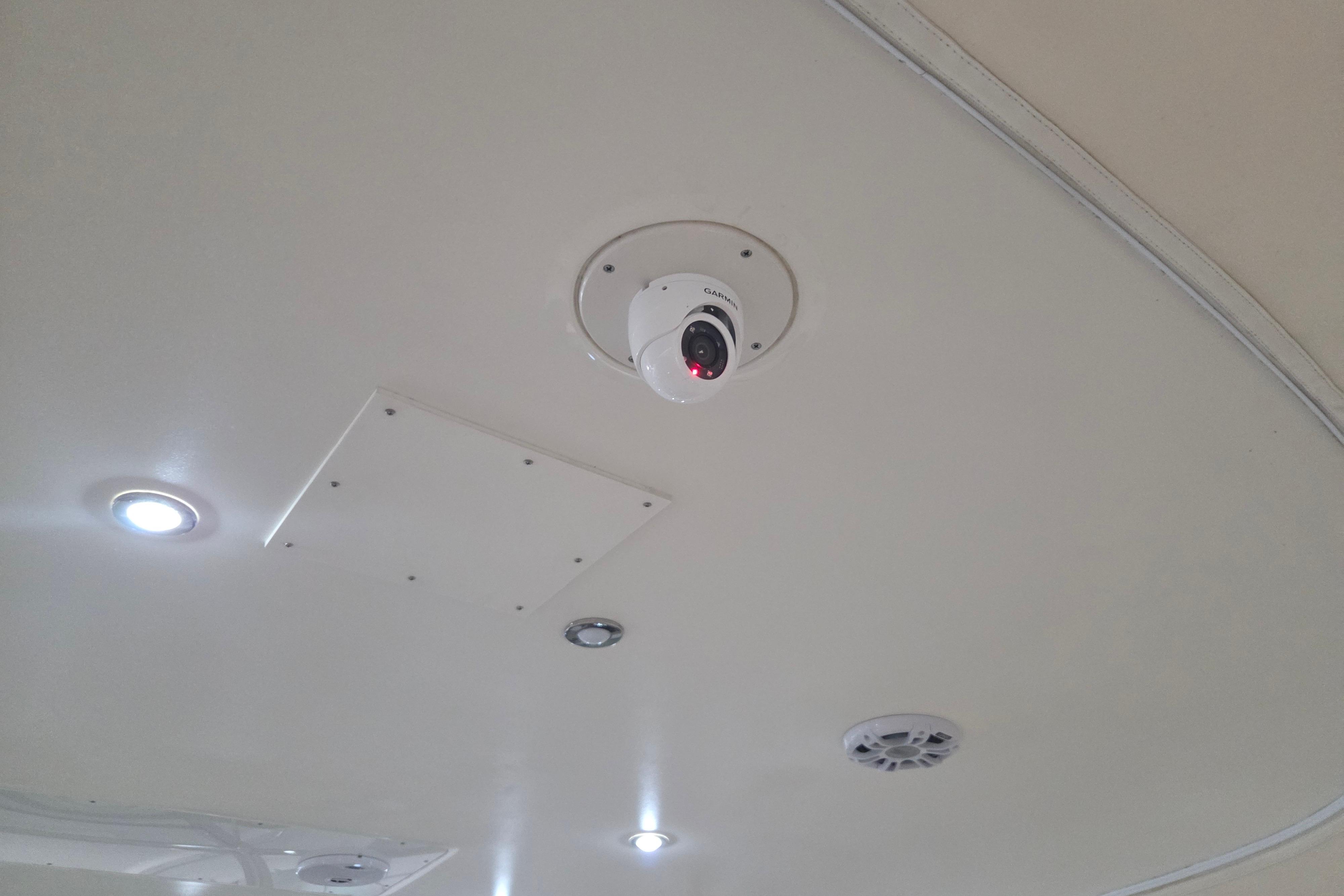 Ceiling view of Sea Ray Sundancer 540 yacht with camera and lights, 2000 model.