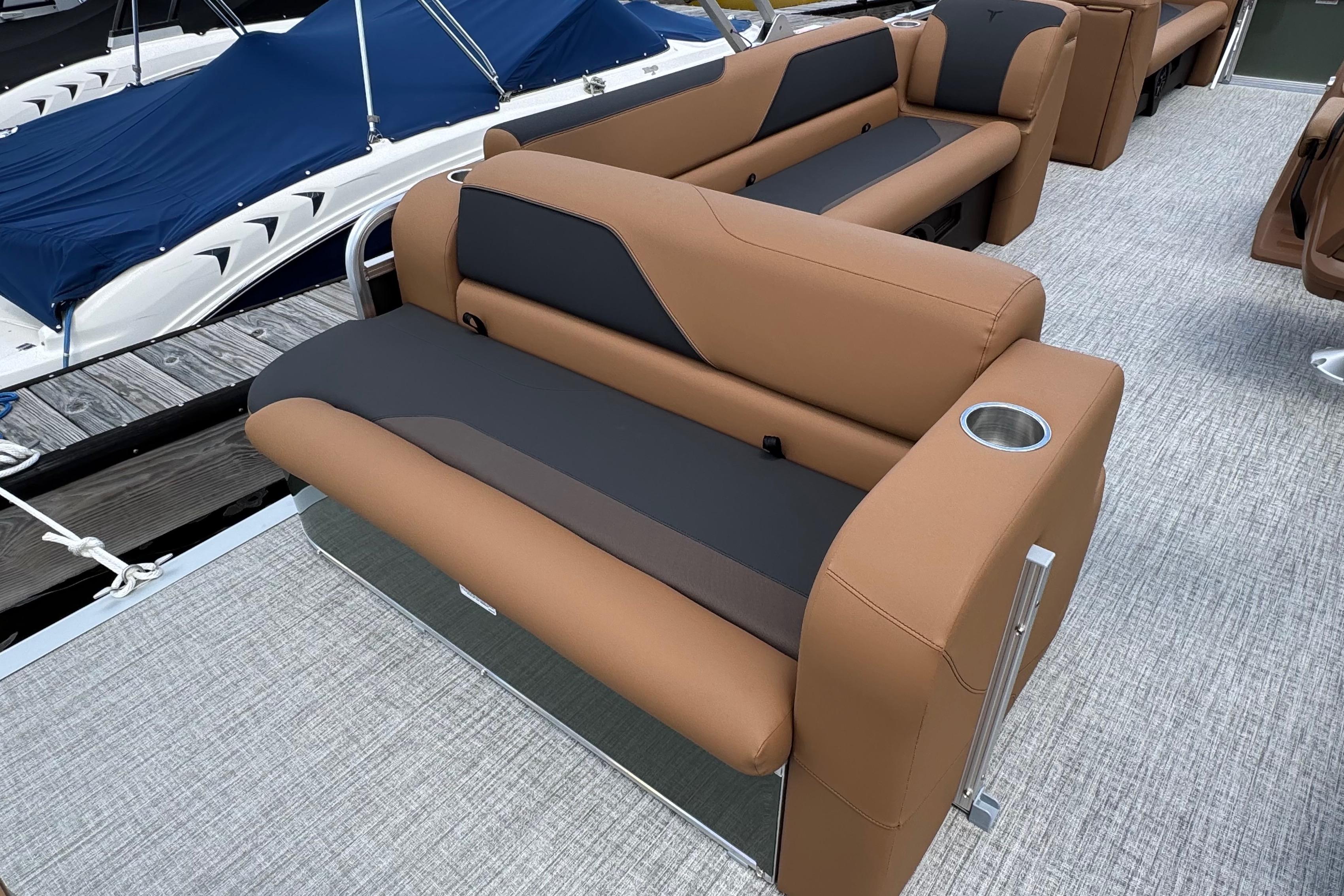 2026 Tahoe Pontoon Sport 85 Cruise Rear Bench 23 with luxurious seating and cup holders.