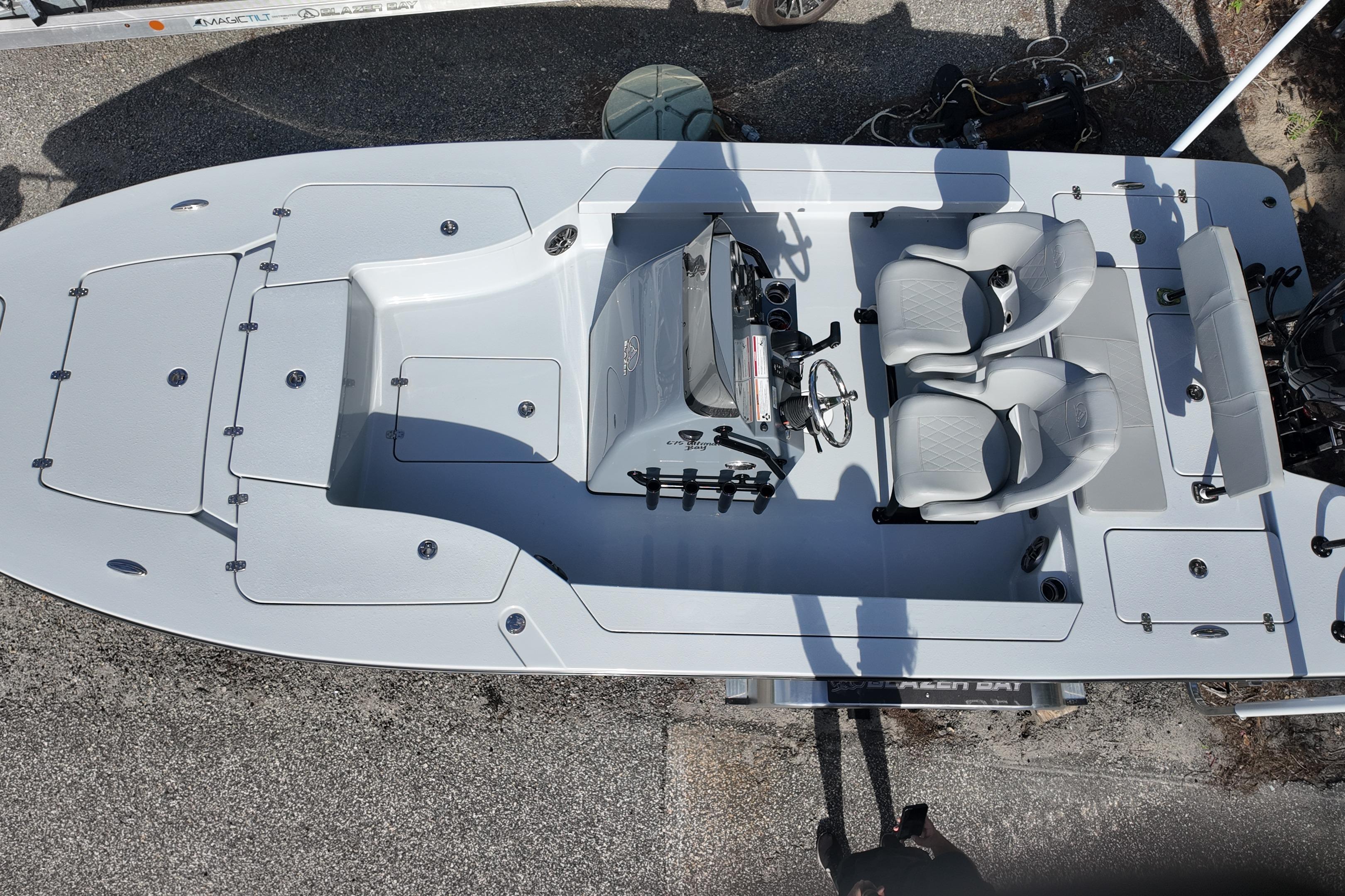 2026 Blazer Bay 675 Ultimate Bay boat, aerial view of deck and seating arrangement.