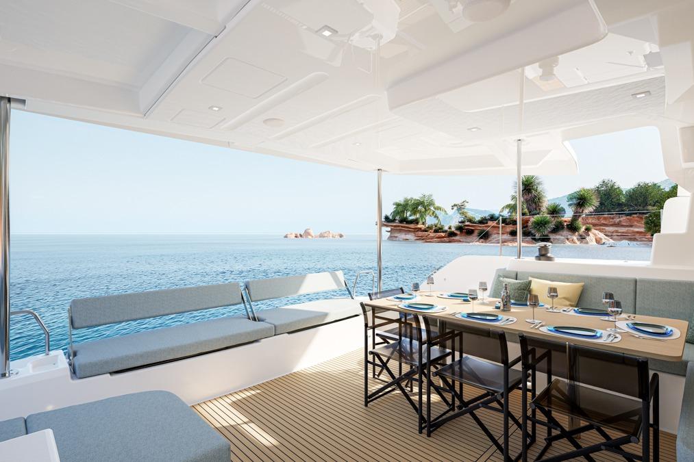 Luxurious interior of Lagoon 47 yacht, 2026 model, with ocean view.