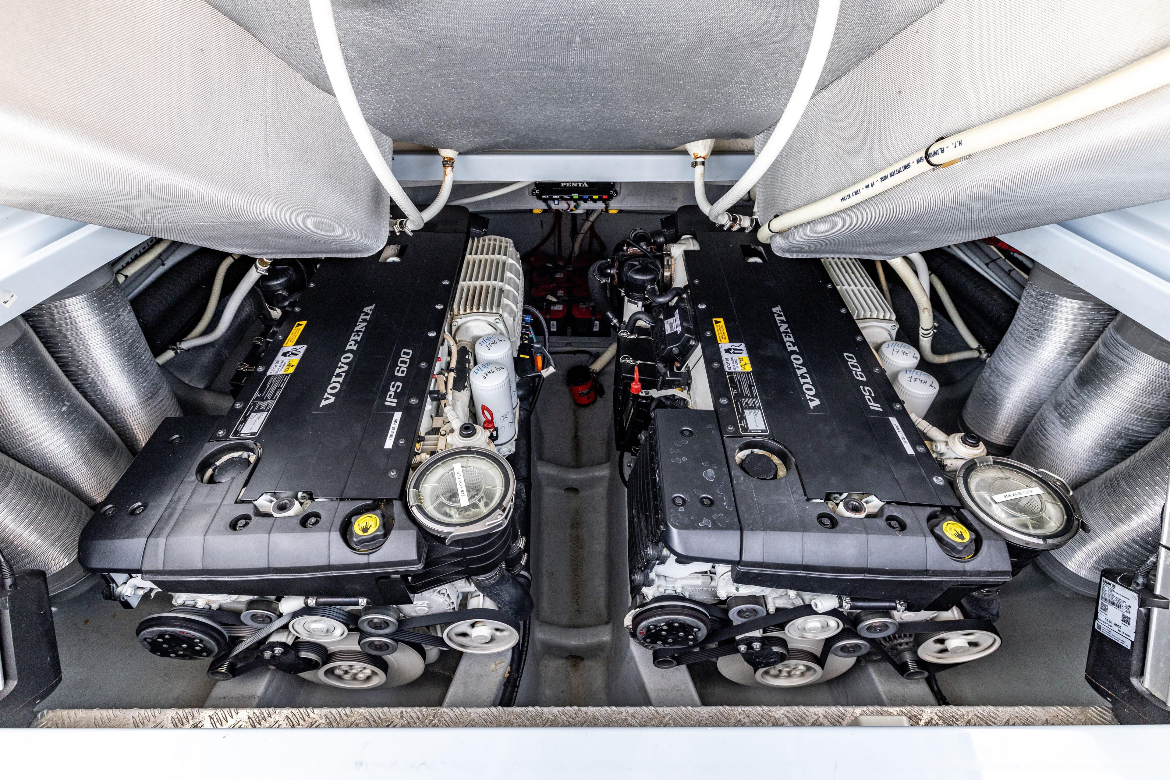 2017 Wajer 38 boat engine compartment with dual Volvo Penta IPS 600 engines.