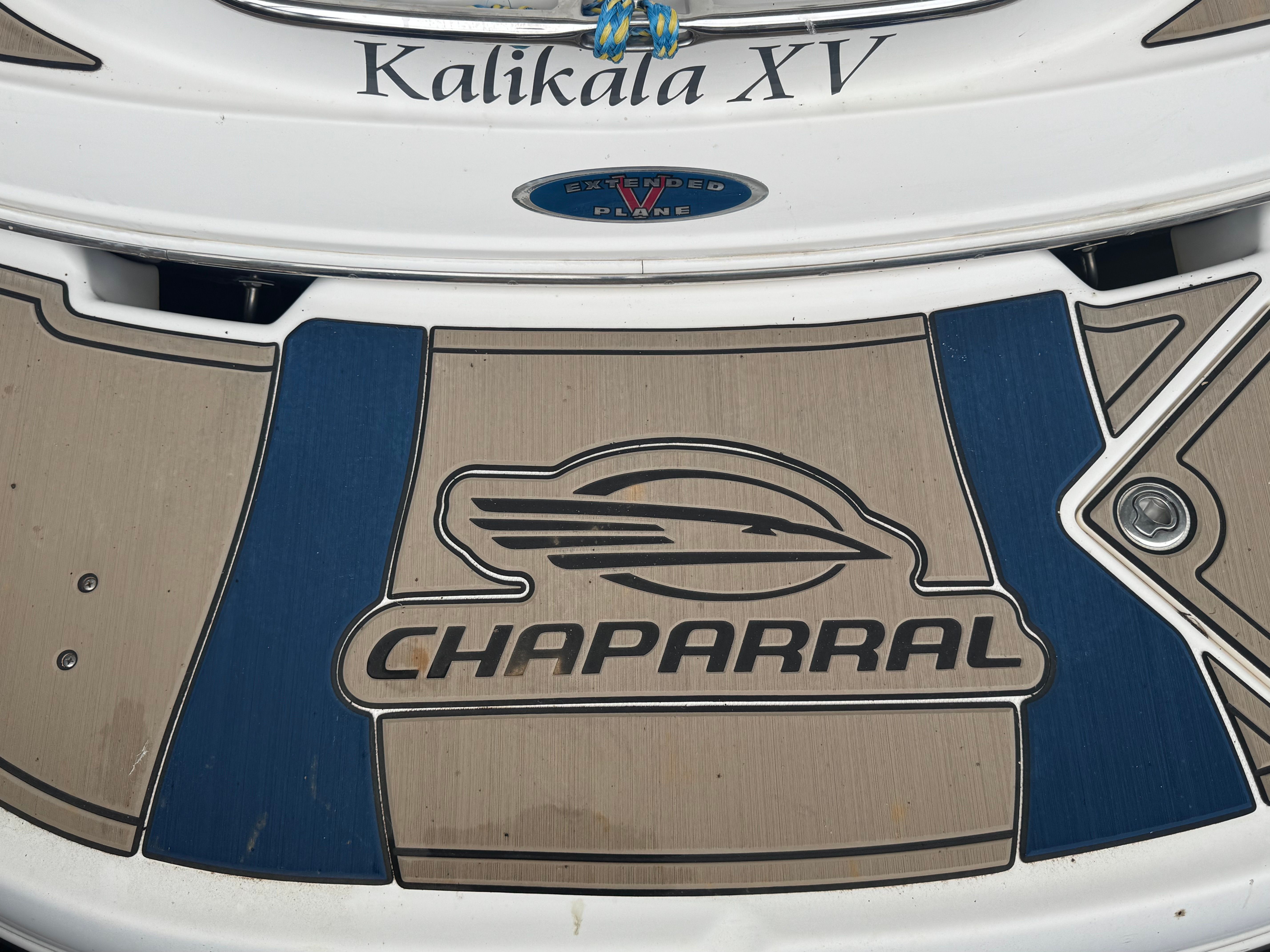 Close-up of the Chaparral boat with the model name Sunesta 223.