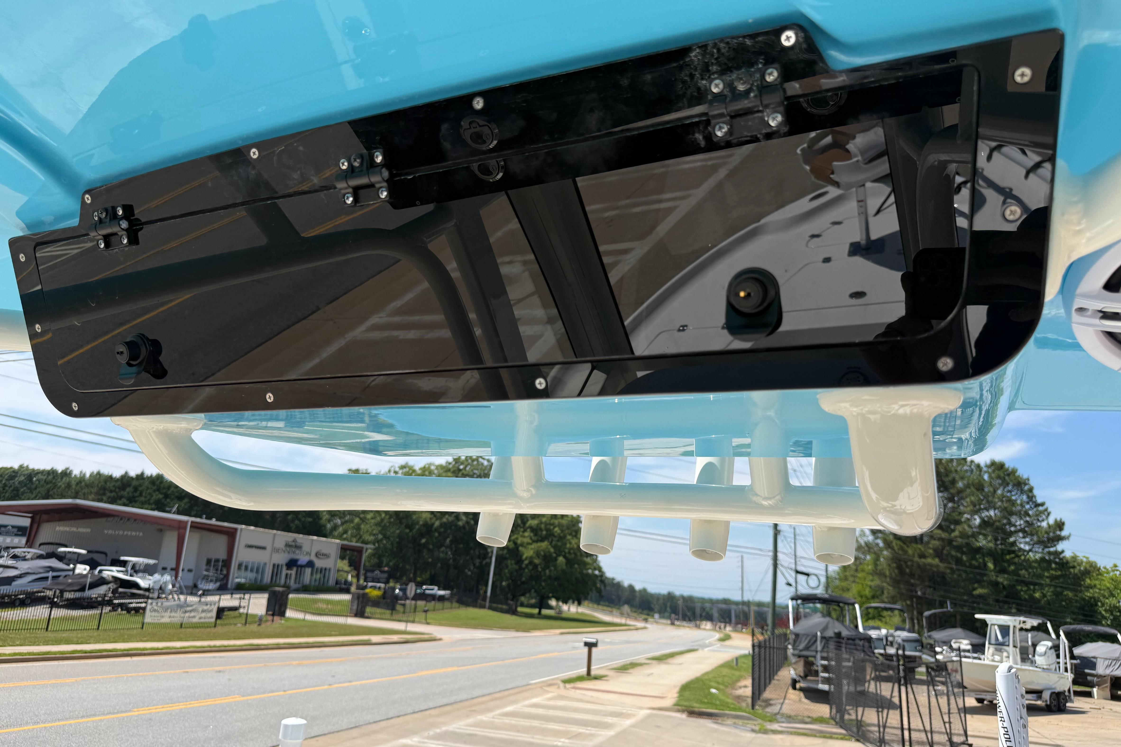 2026 Key West 230 Bay Reef boat underside view with sleek design and modern features.